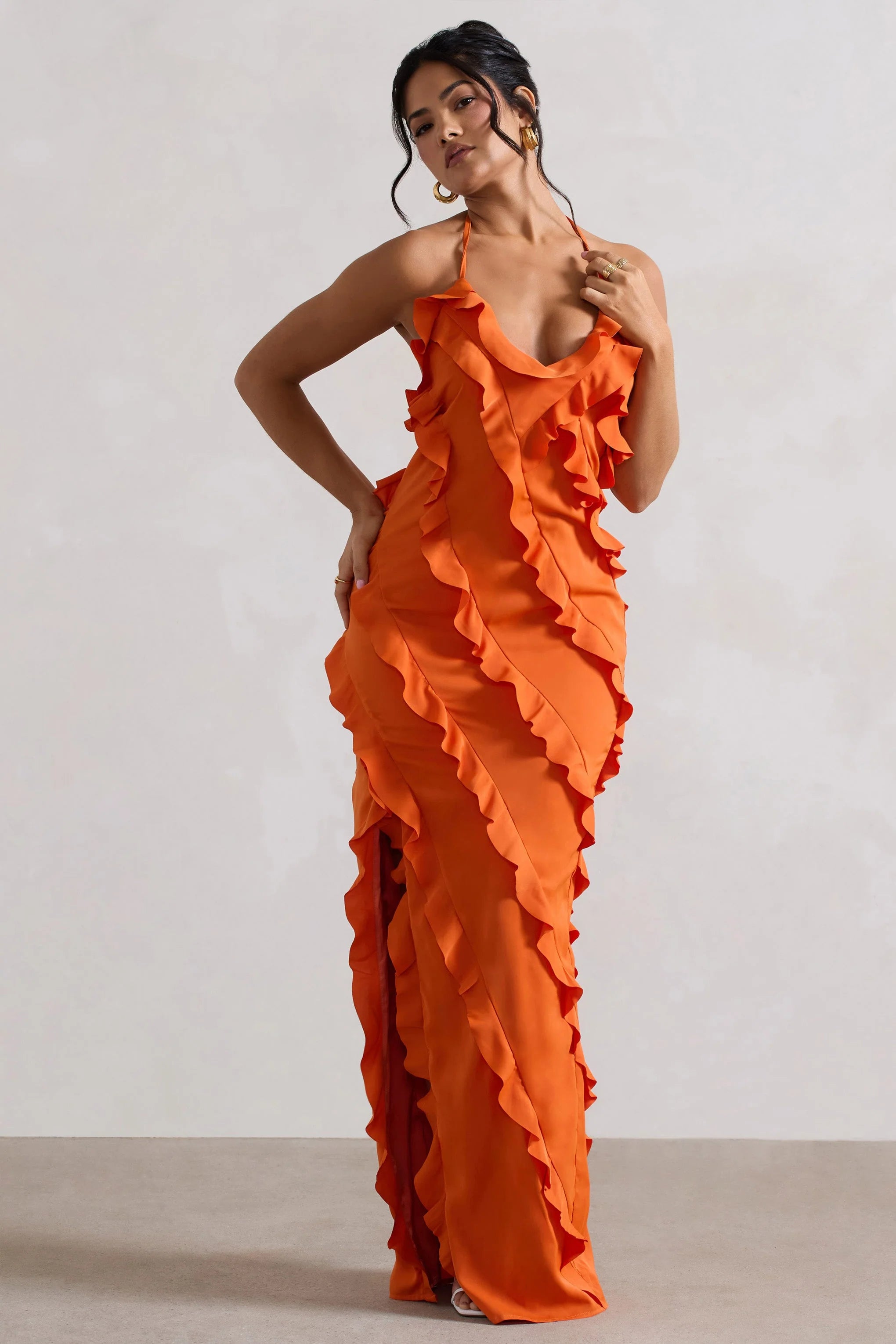 Full On Orange V Neck Ruffle Maxi Dress