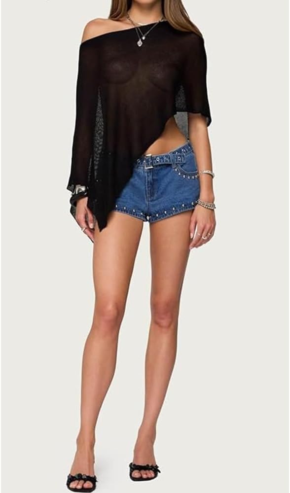 Women Sheer Poncho Top Multiway Knit Crochet Asymmetric Mesh Cover Up Going Out Clubwear