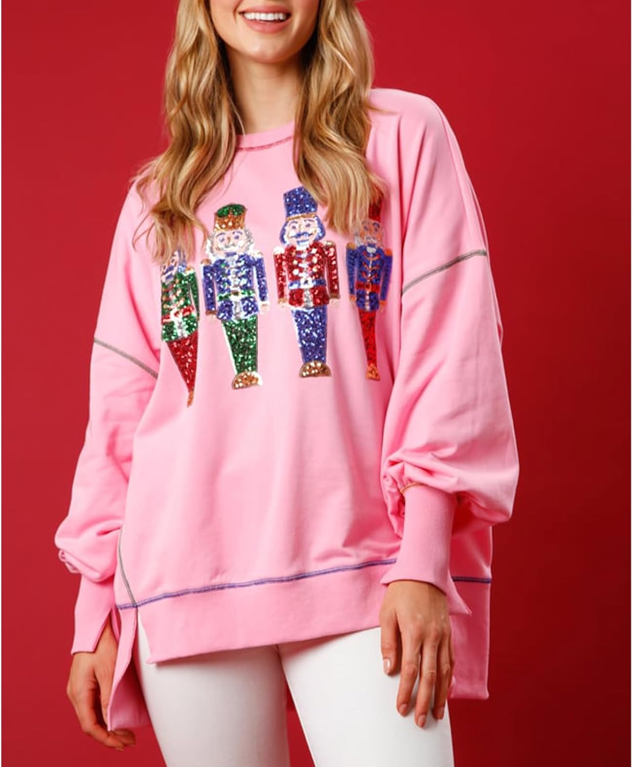 Christmas Sweatshirt for Women Funny Sequin Sweater Nutcracker Santa Xmas Graphic Oversized Pullover Tops