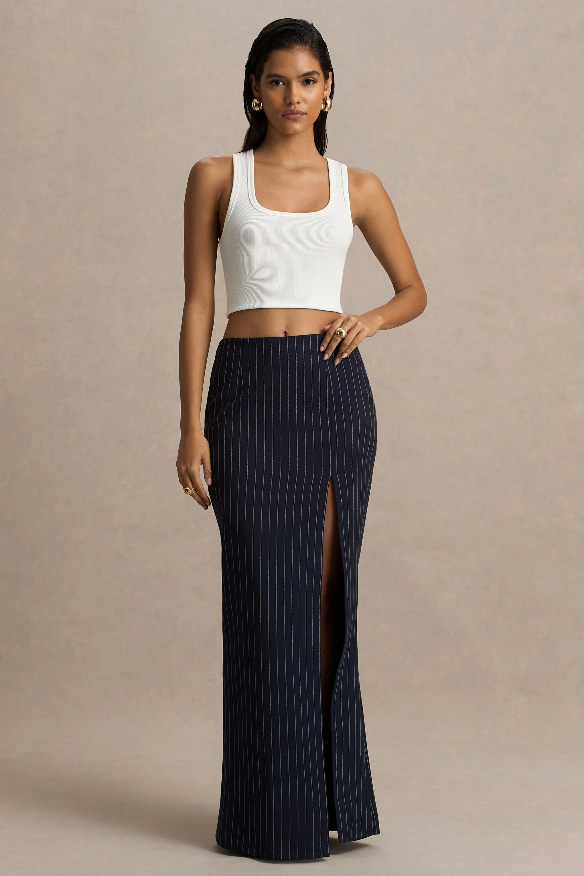 Elana Navy Pinstripe Maxi Skirt With Front High Split