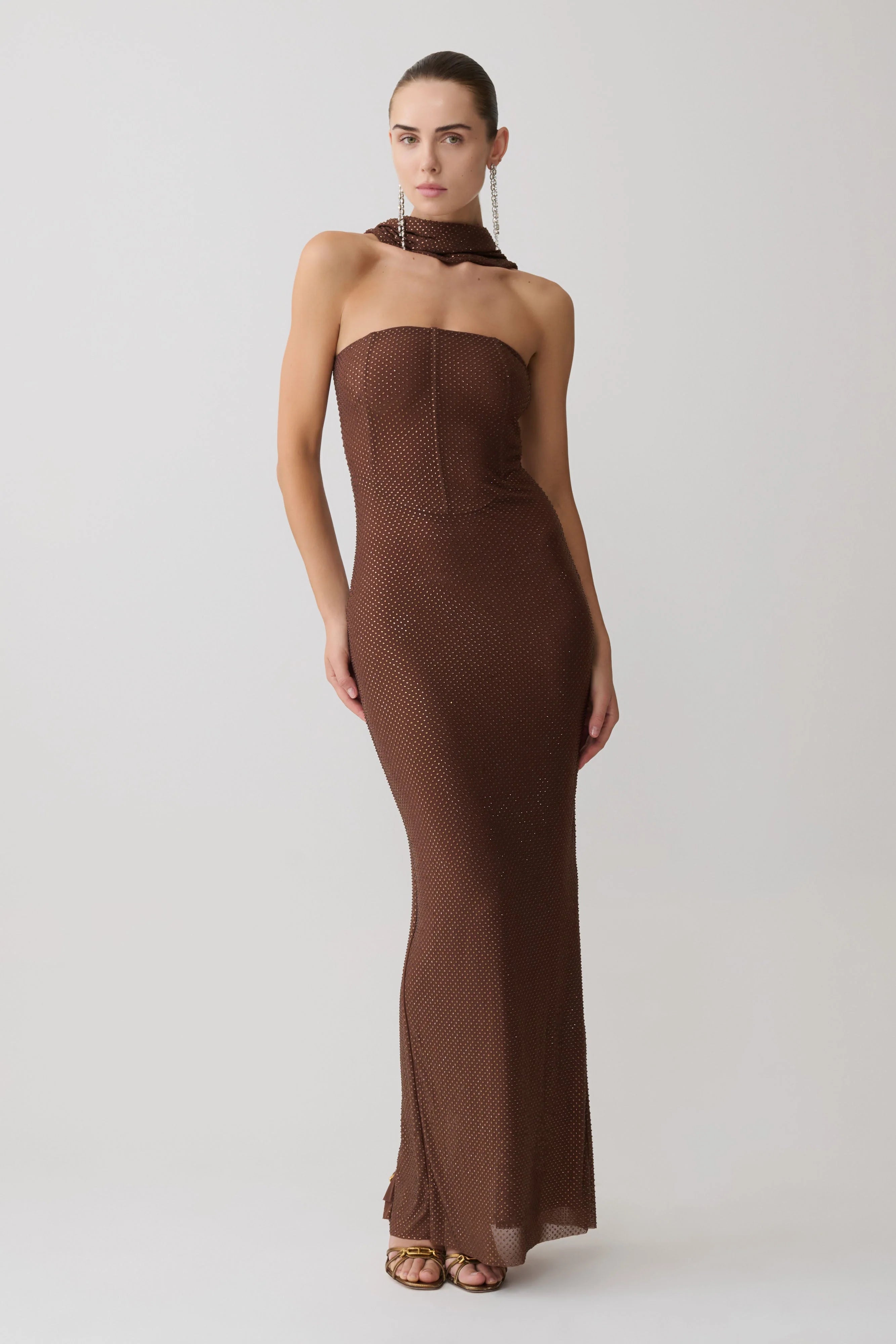 Phi Multi Wear Cowl Diamante Maxi Dress Chocolate