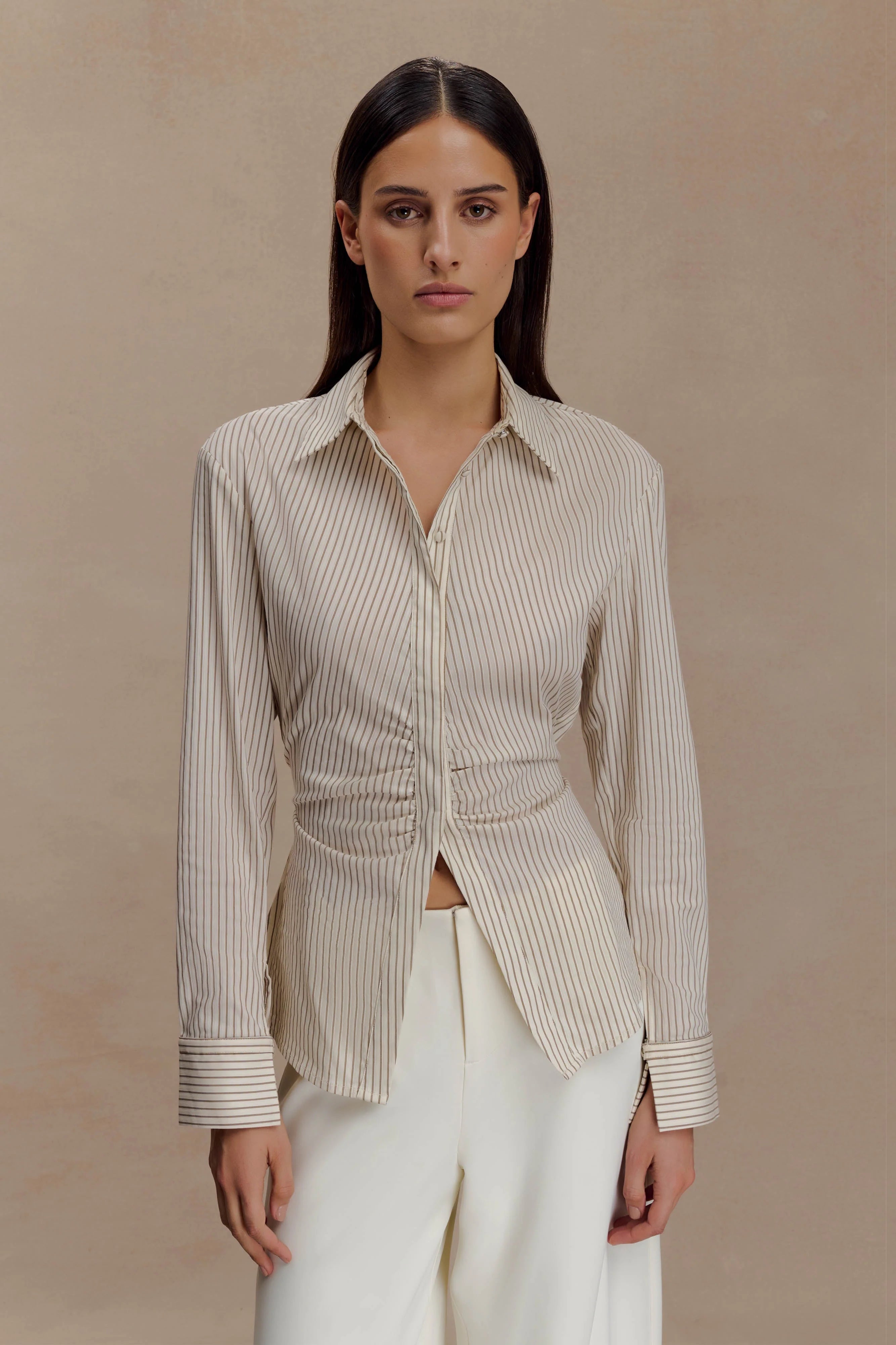 Millie Tie Back Cotton Shirt Beige Pinstripe