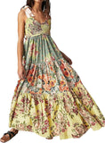 Women Floral Maxi Dress Tie Shoulder Patchwork Smocked Flowy Boho Dress with Pockets Summer Vacation Sundress