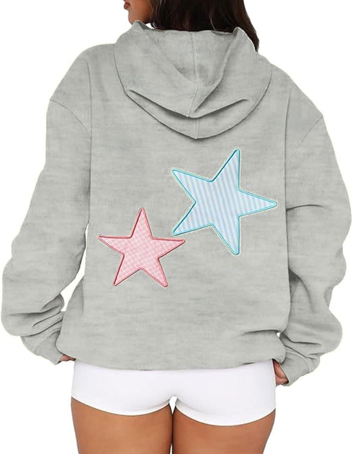 Women Cute Hoodies Oversized Y2k Star Patch Fleece Sweatshirt Pastel Hoodie for Teen Girls