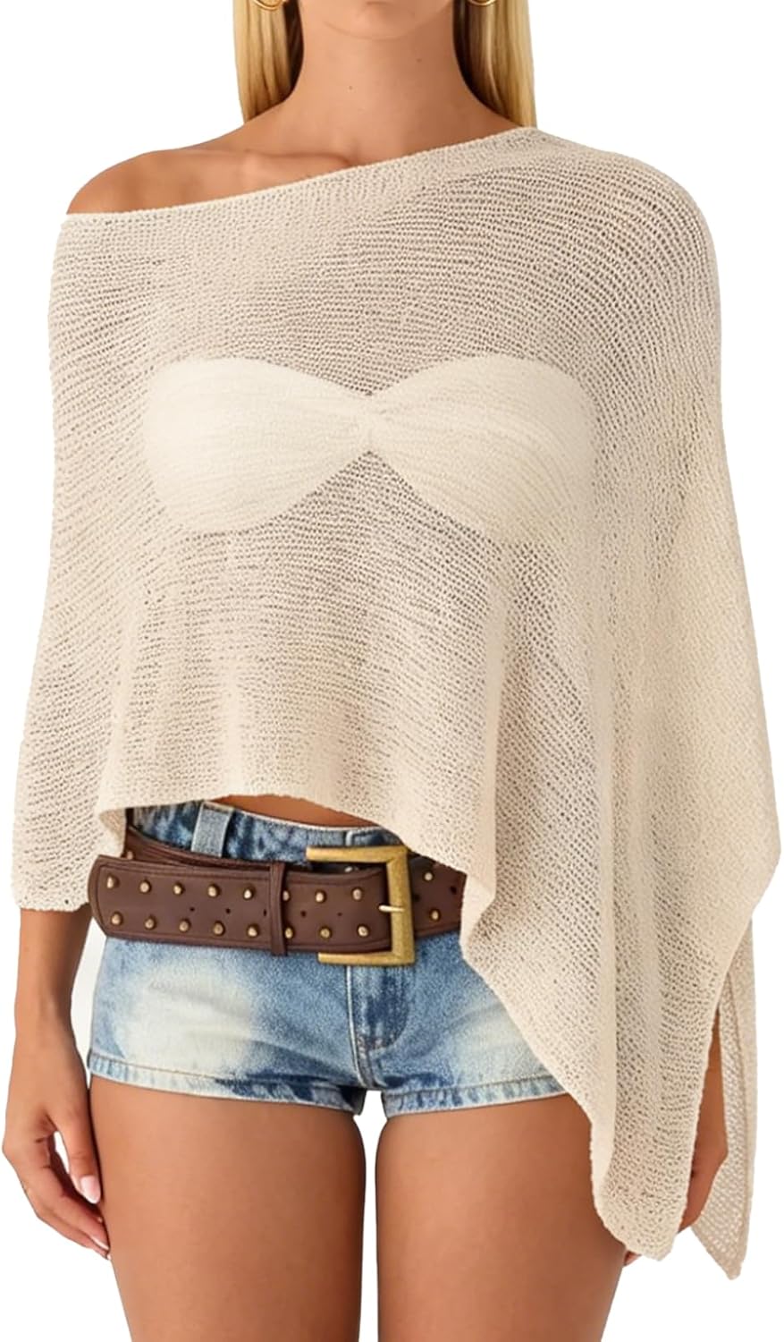 Women Sheer Poncho Top Multiway Knit Crochet Asymmetric Mesh Cover Up Going Out Clubwear