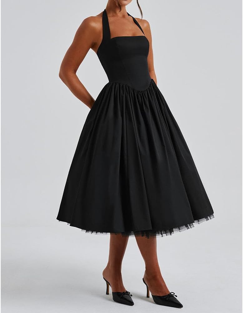 Women Halter Midi Dress Corset Back Layered Tulle Skirt A Line Formal Dresses Wedding Guest Bridal Shower