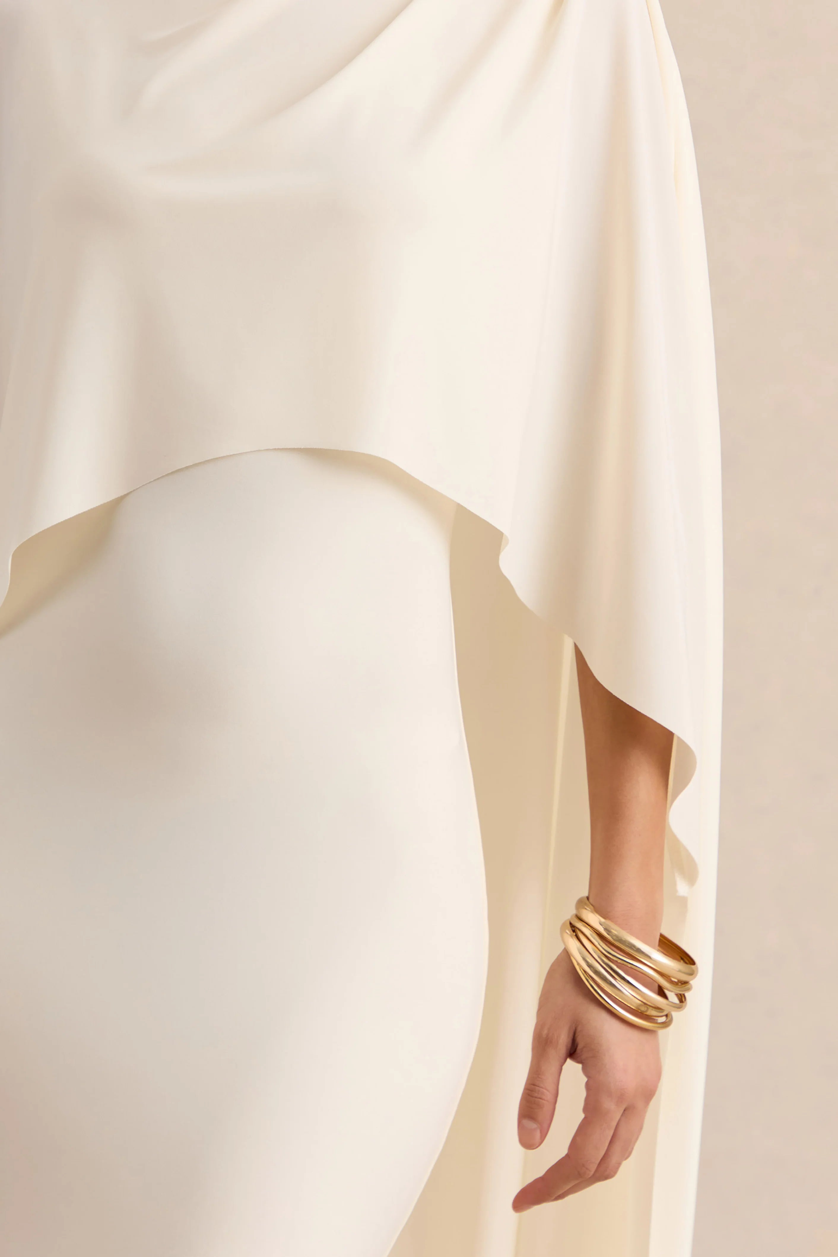 Luxalyn Cream Round Neck Midi Dress With Cape Detail
