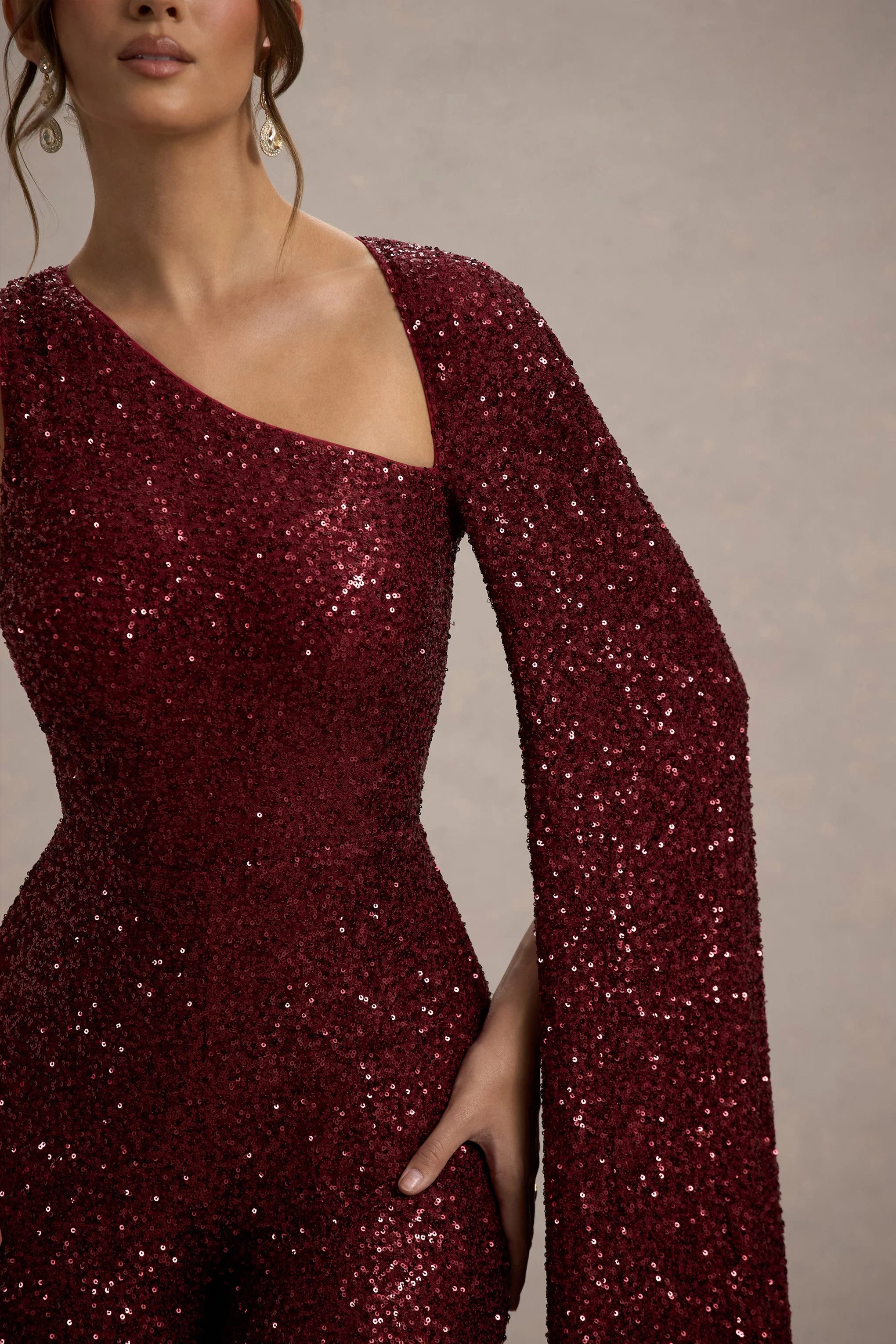 Star Seeker Port Sequin One Shoulder Cape Sleeve Jumpsuit
