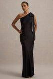 Here For Love Black Satin Asymmetric Maxi Dress With Bow