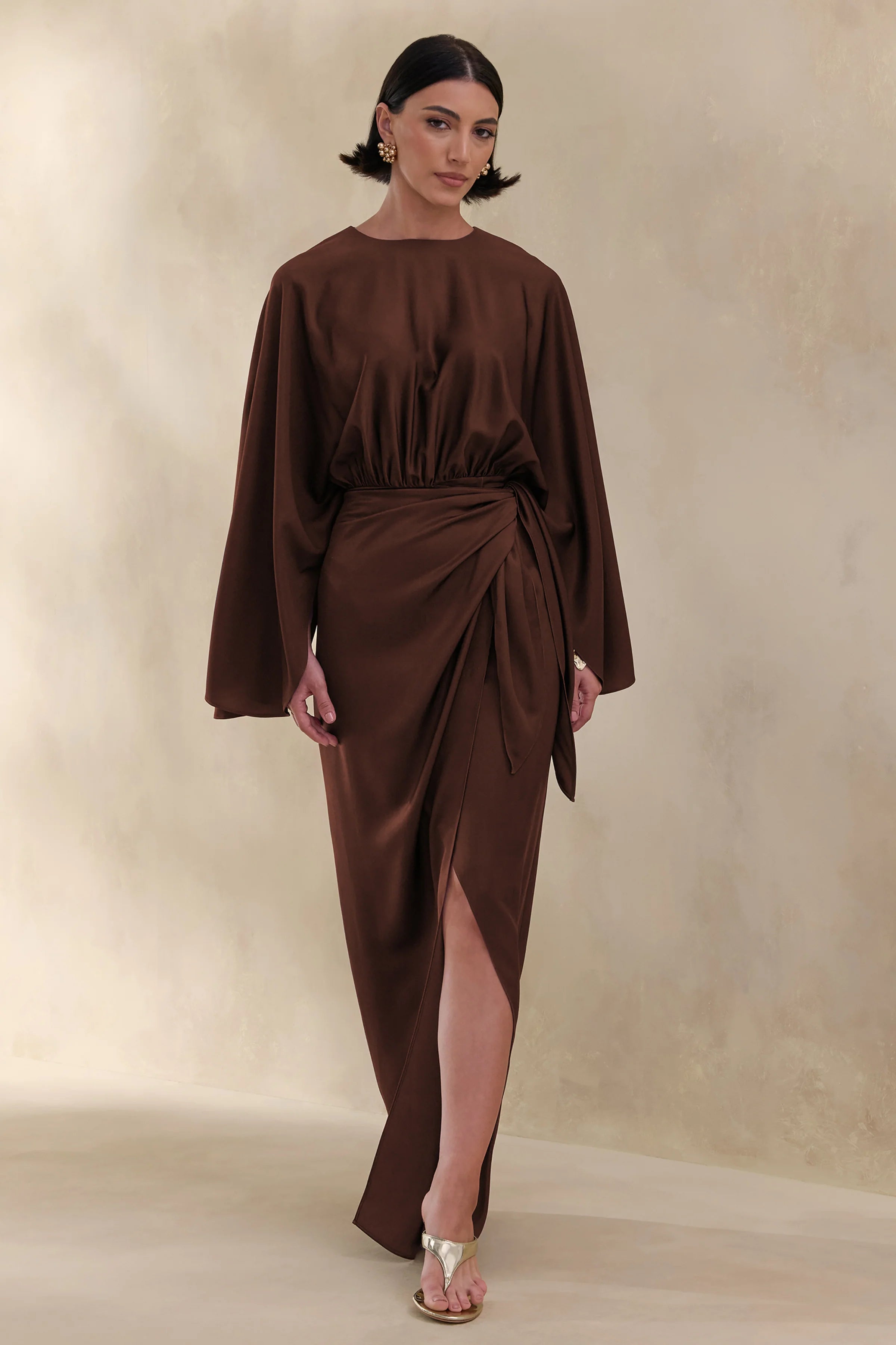 Delphina Brown Satin Maxi Dress With Gathered And Knot Detail