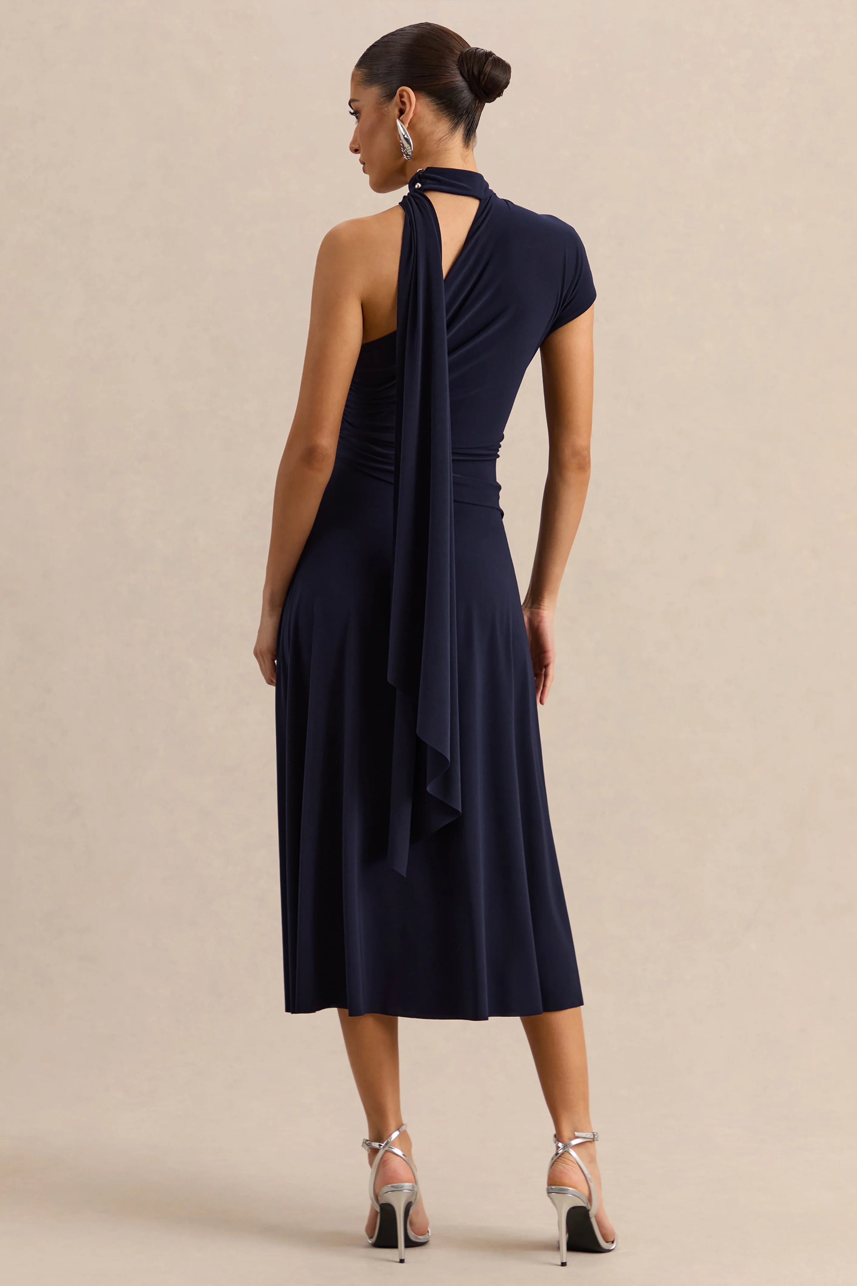 Lythara Navy Asymmetric Neck Midi Dress With Scarf Detail
