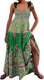 Women Floral Maxi Dress Tie Shoulder Patchwork Smocked Flowy Boho Dress with Pockets Summer Vacation Sundress