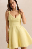 Morgania Lemon Boucle Plunge Neck Mini Dress