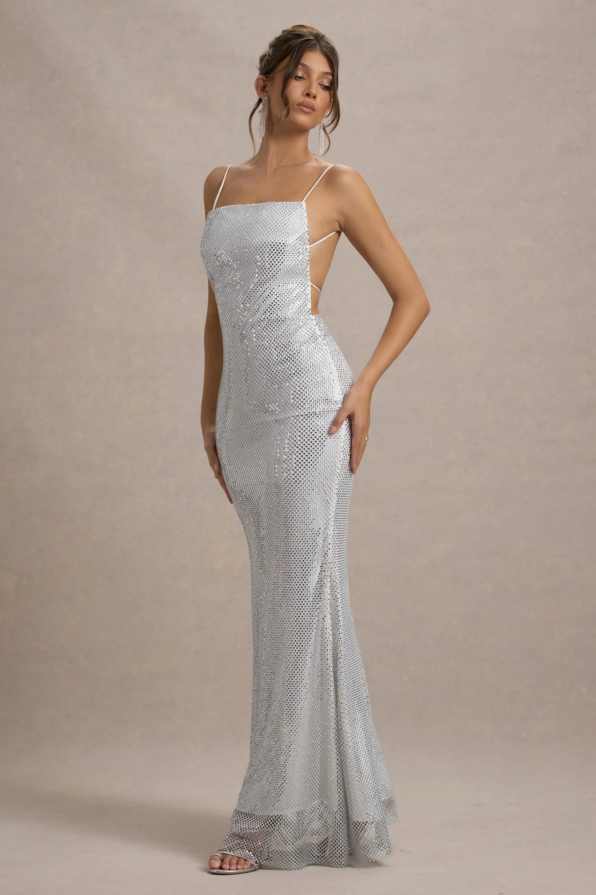 Quartz Silver Embellished Square Neck Open Back Maxi Dress