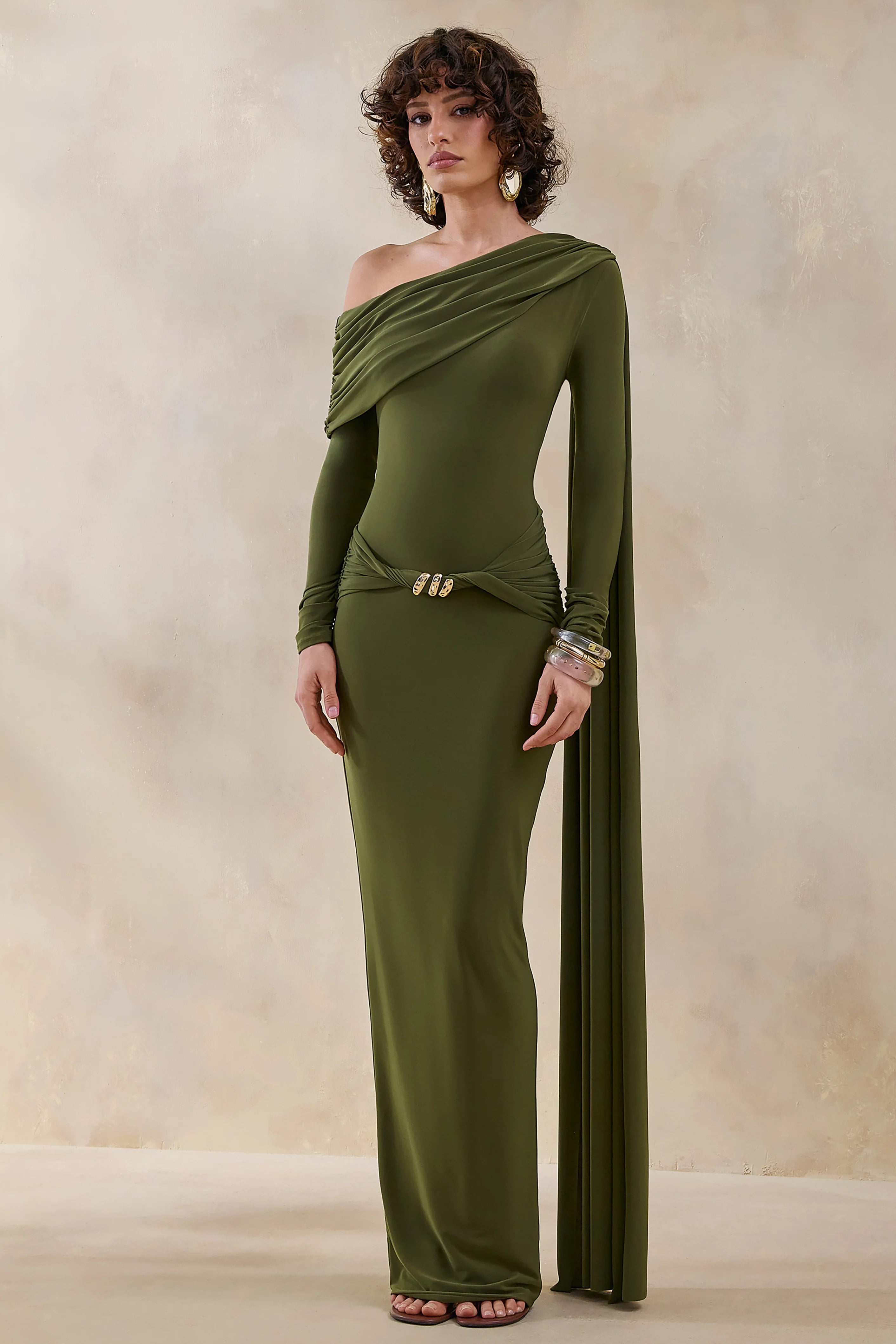 Bessy Green Asymmetric Neck Maxi Dress With Gathered Detailing And Sash