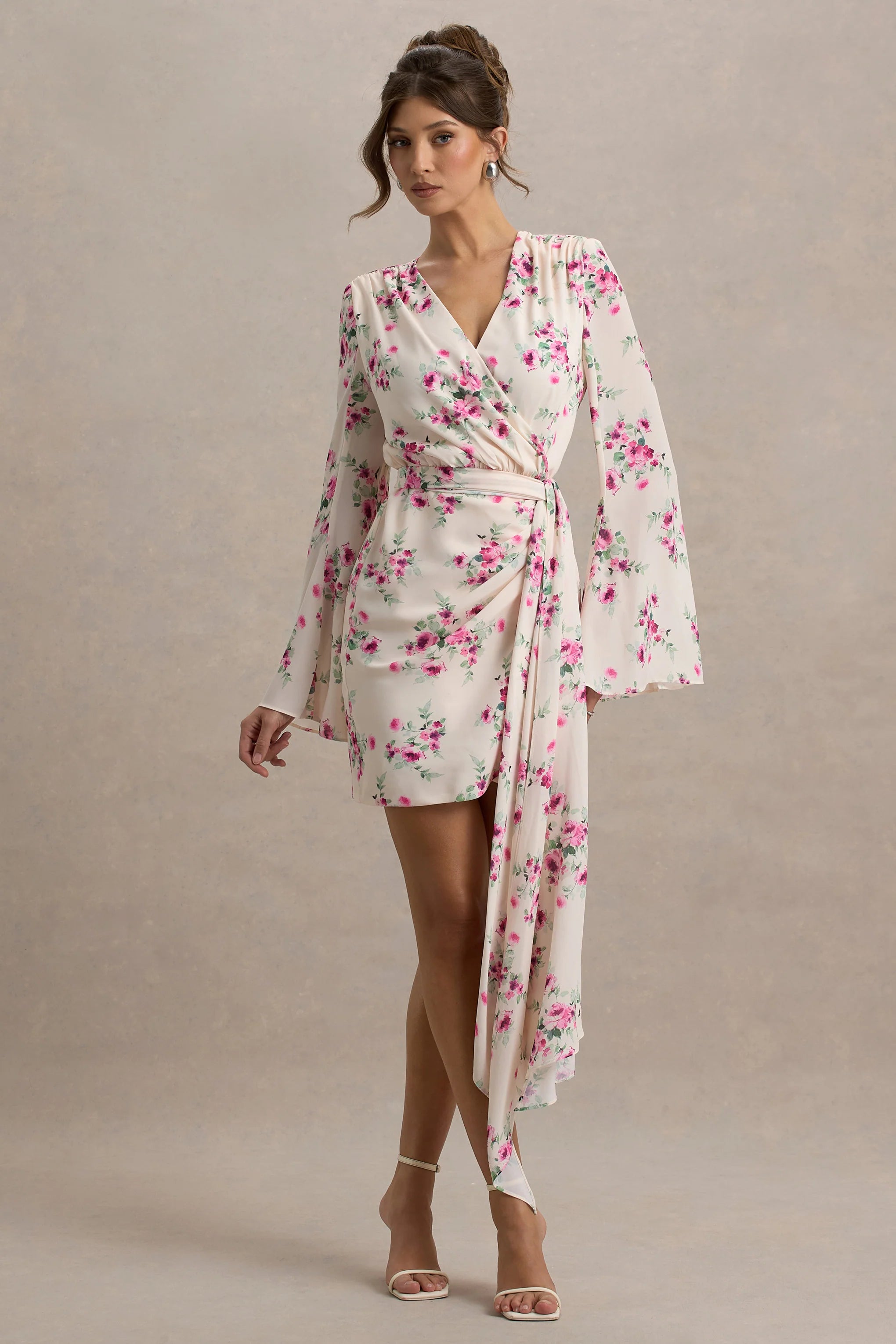 Goldie Cream Floral Print Chiffon Long Sleeve Wrap Mini Dress