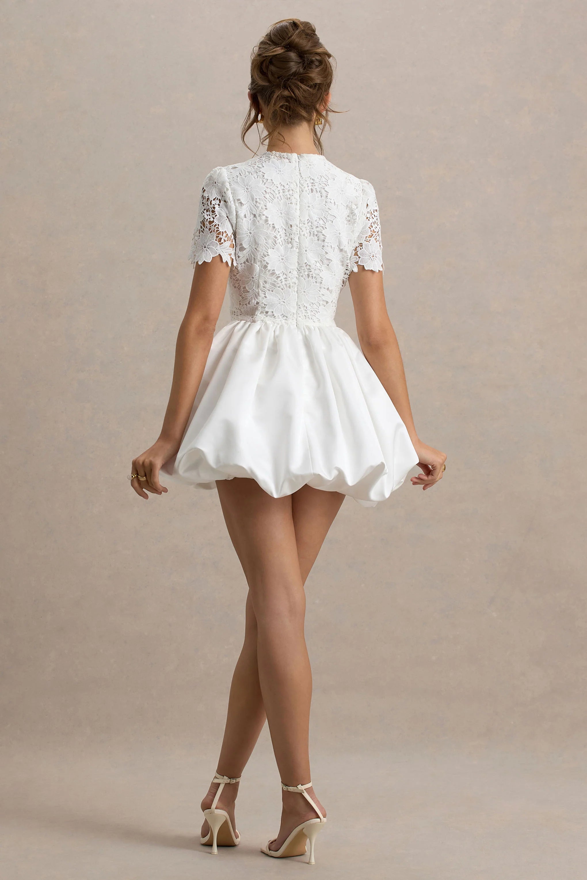 Taffy White Lace Mini Dress With Satin Puffball Skirt