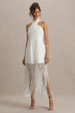 Fiametta Ecru Linen Halter Neck Fringe Maxi Dress