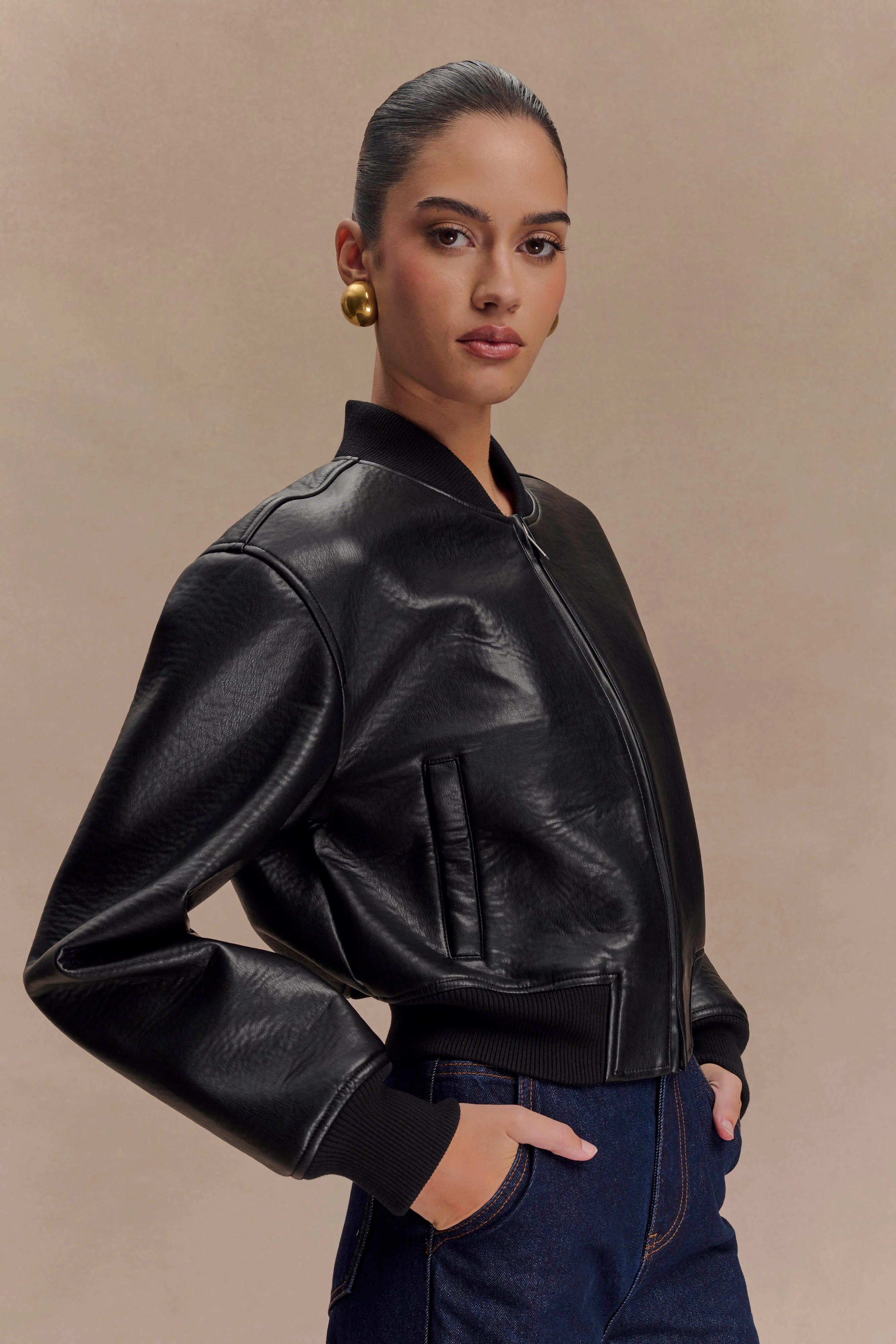 Codi Faux Leather Bomber Jacket Black