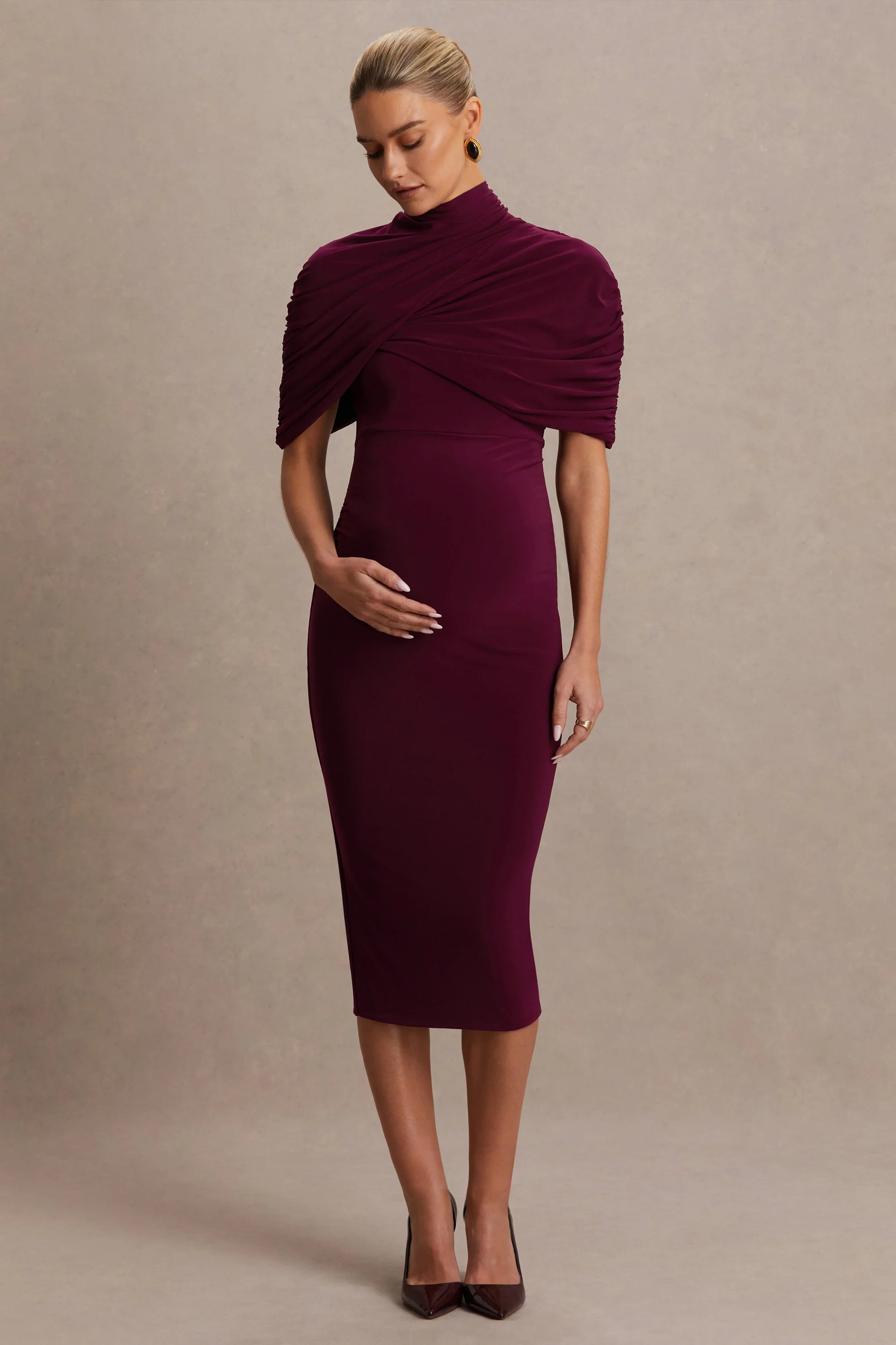 Augustina Burgundy Maternity Midi Dress With Cape