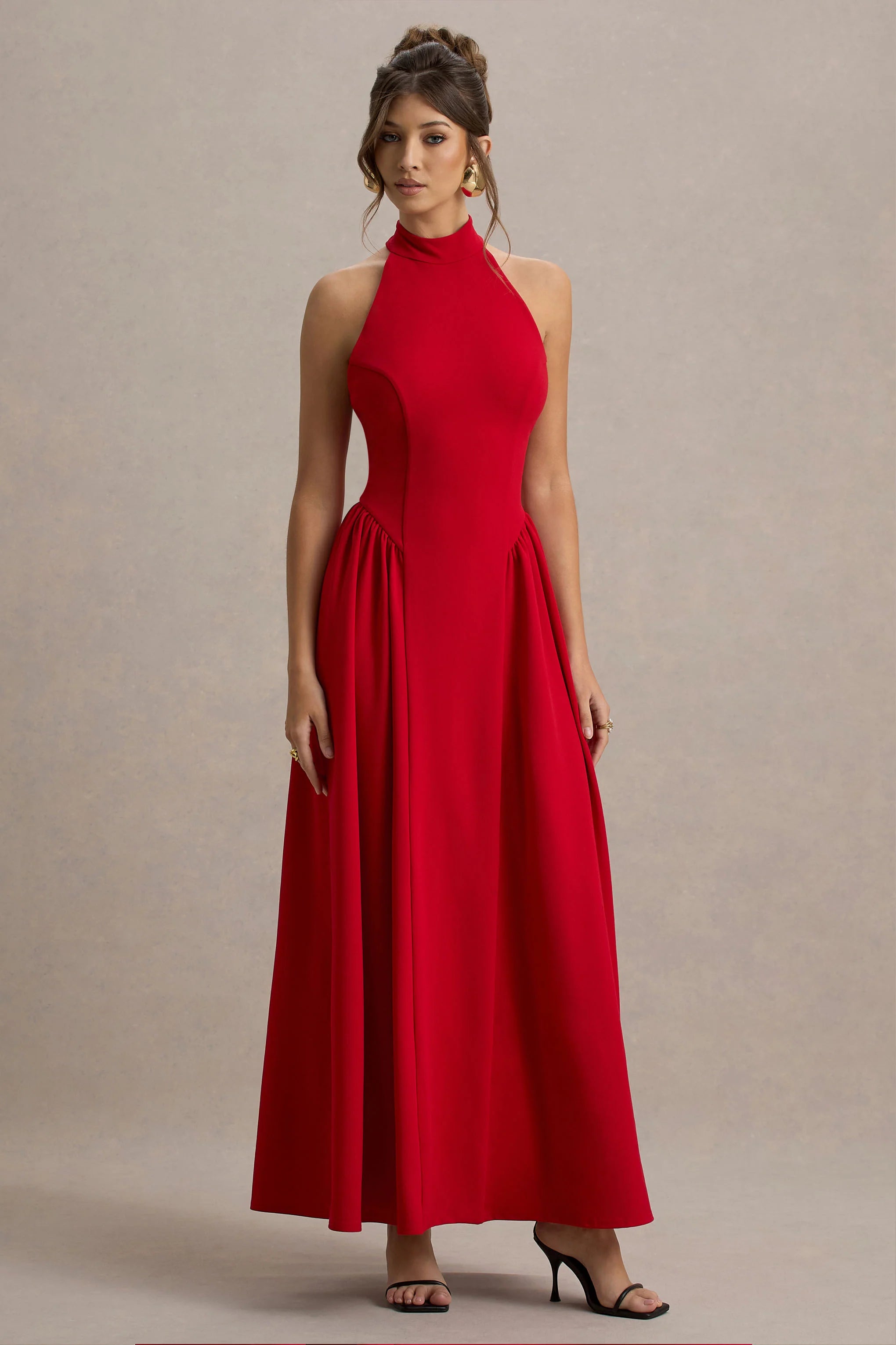 Cynthia Red High Neck Maxi Dress With Volume Skirt