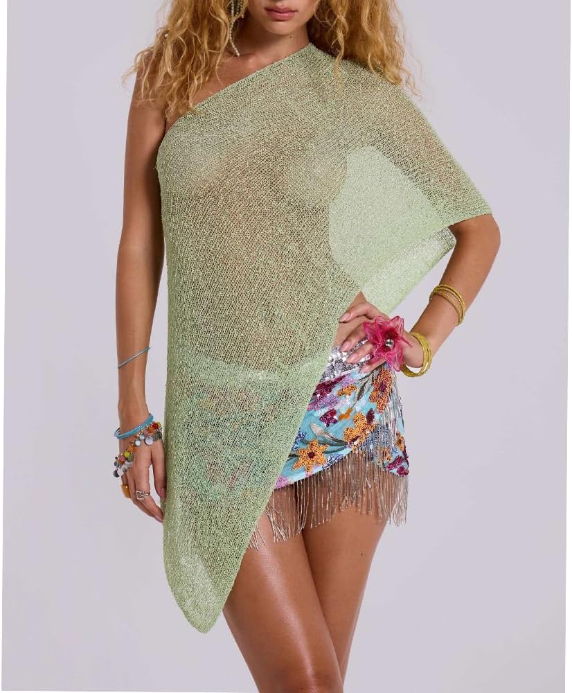 Women Sheer Poncho Top Multiway Knit Crochet Asymmetric Mesh Cover Up Going Out Clubwear