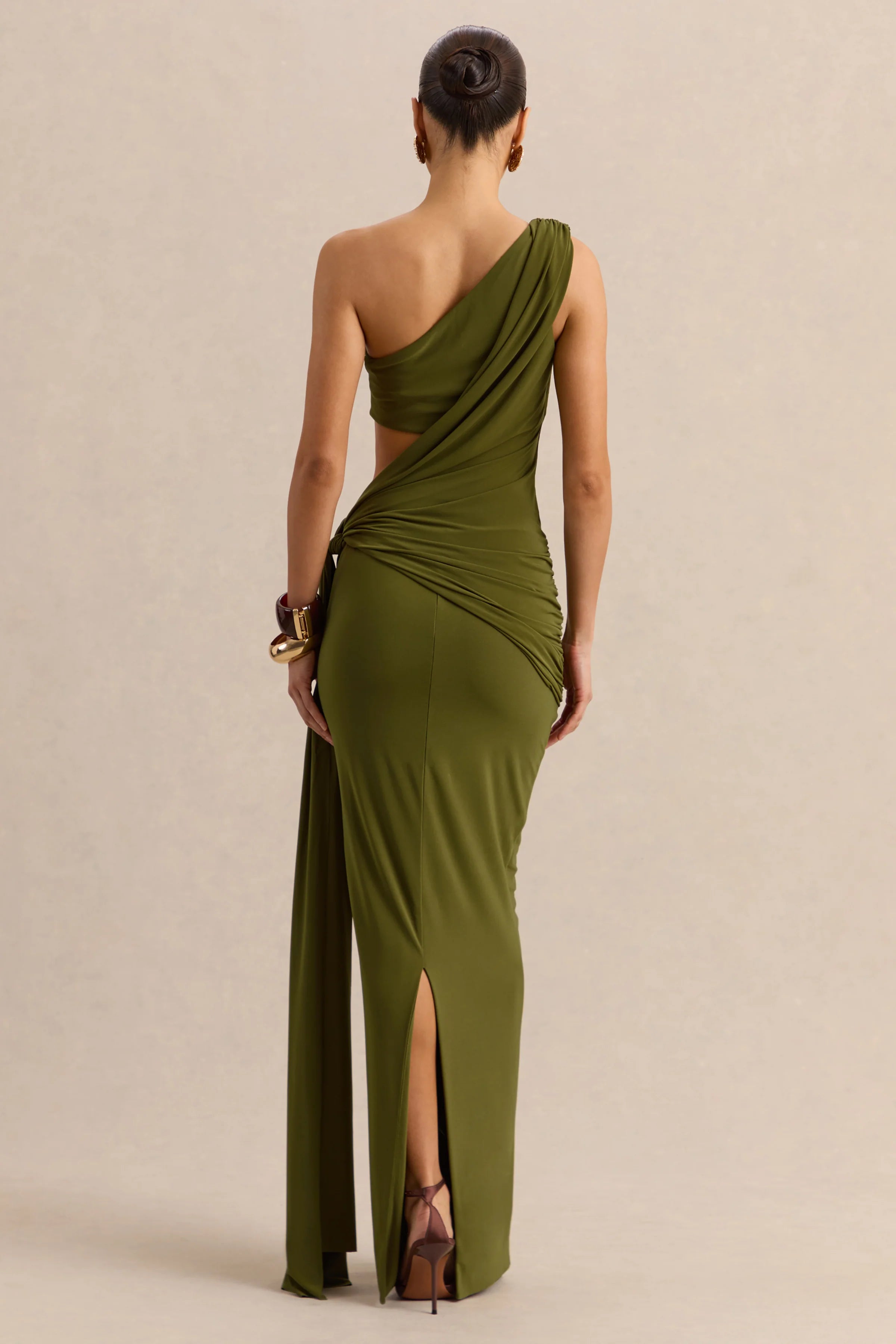 Clarosia Green Asymmetric Neck Maxi Dress With Cut Out With Sash