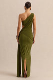 Clarosia Green Asymmetric Neck Maxi Dress With Cut Out With Sash
