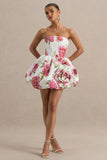 Adira Cream Floral Print Bandeau Puffball Mini Dress With Ruffle Detail