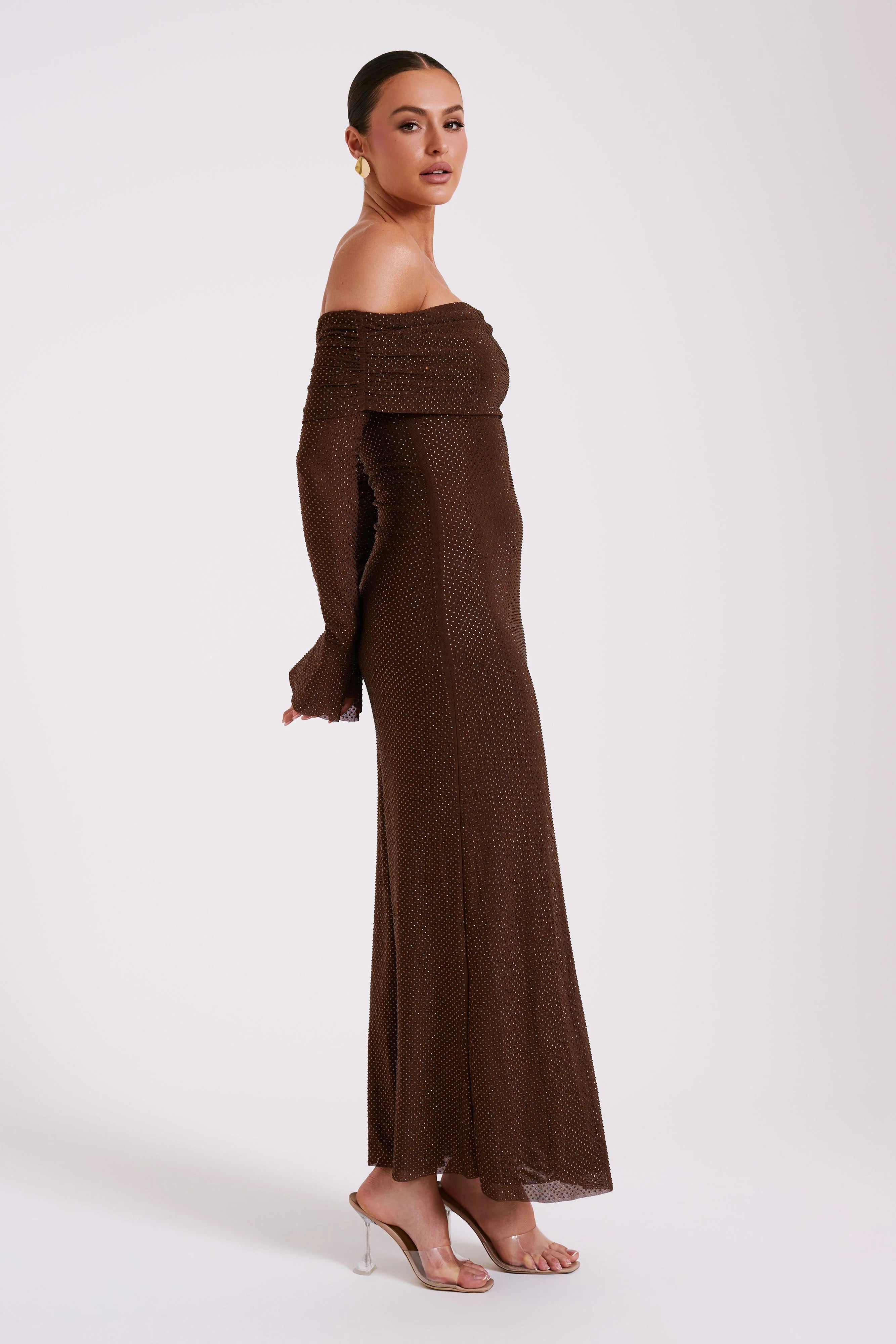 Marcel Off Shoulder Diamante Maxi Dress Chocolate