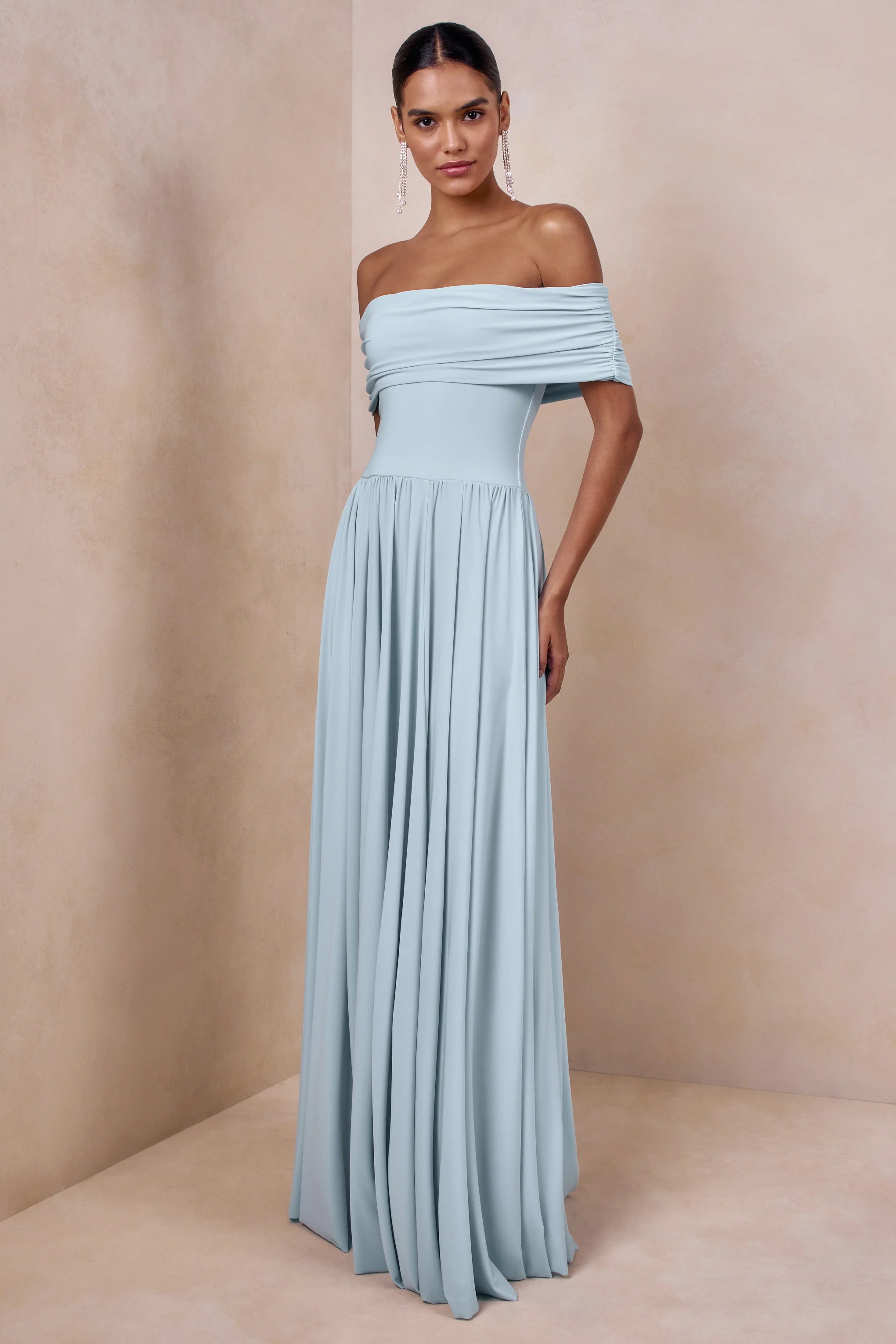 Cindie Powder Blue Bardot Neck Maxi Dress