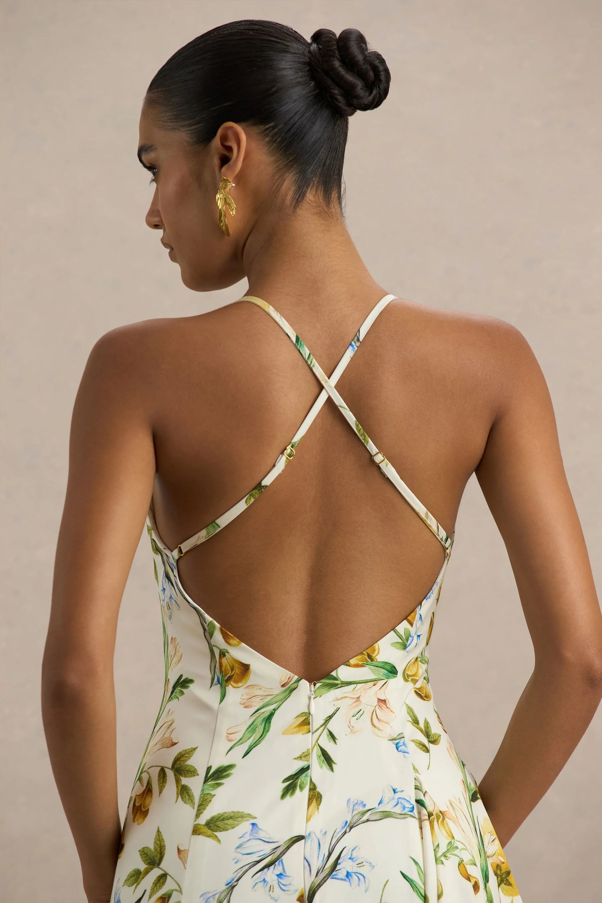 Glint Lemon Floral Print Satin Plunge Neck Maxi Dress With Asymmetric Hem