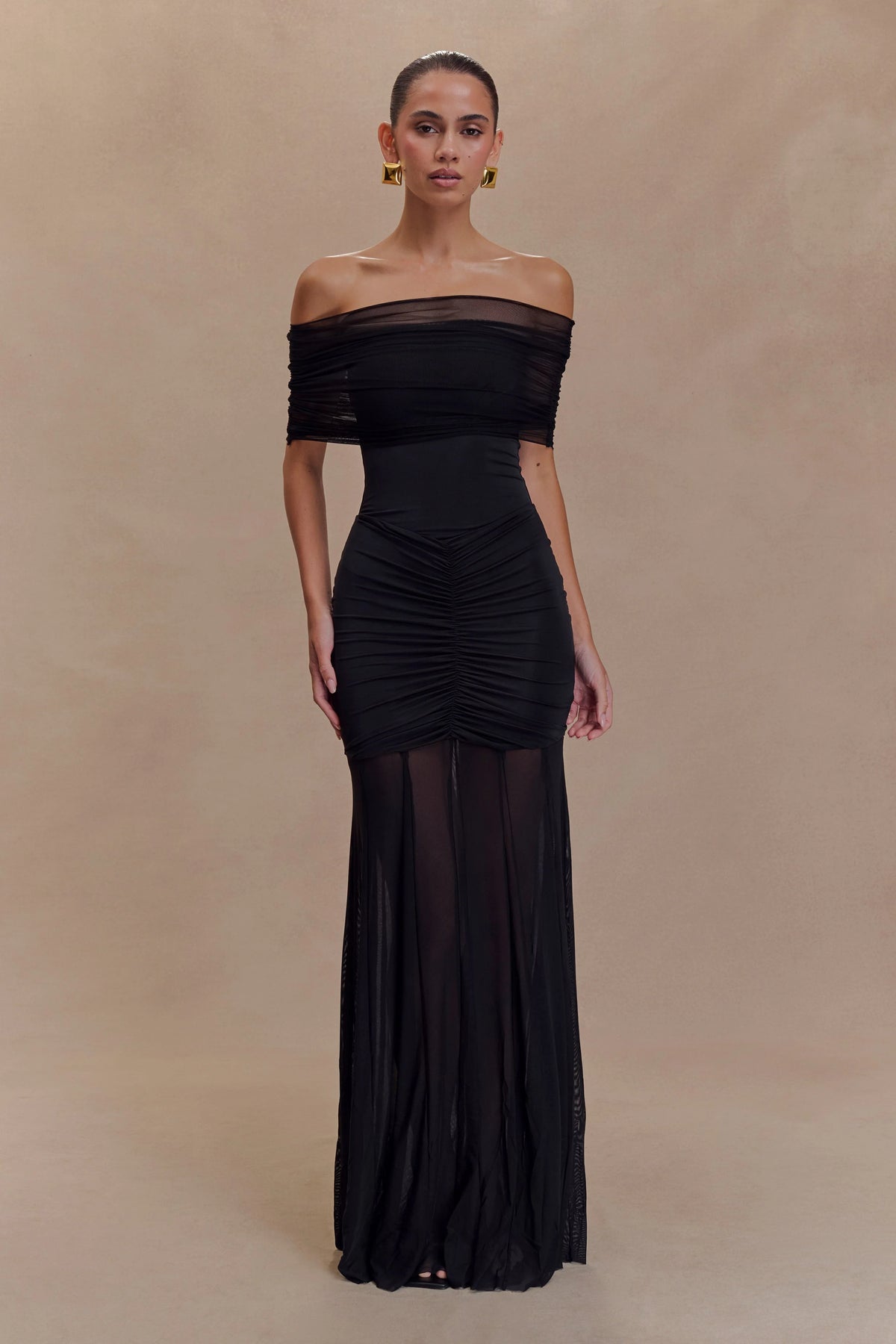 Caspian Slinky And Mesh Off Shoulder Maxi Dress Black