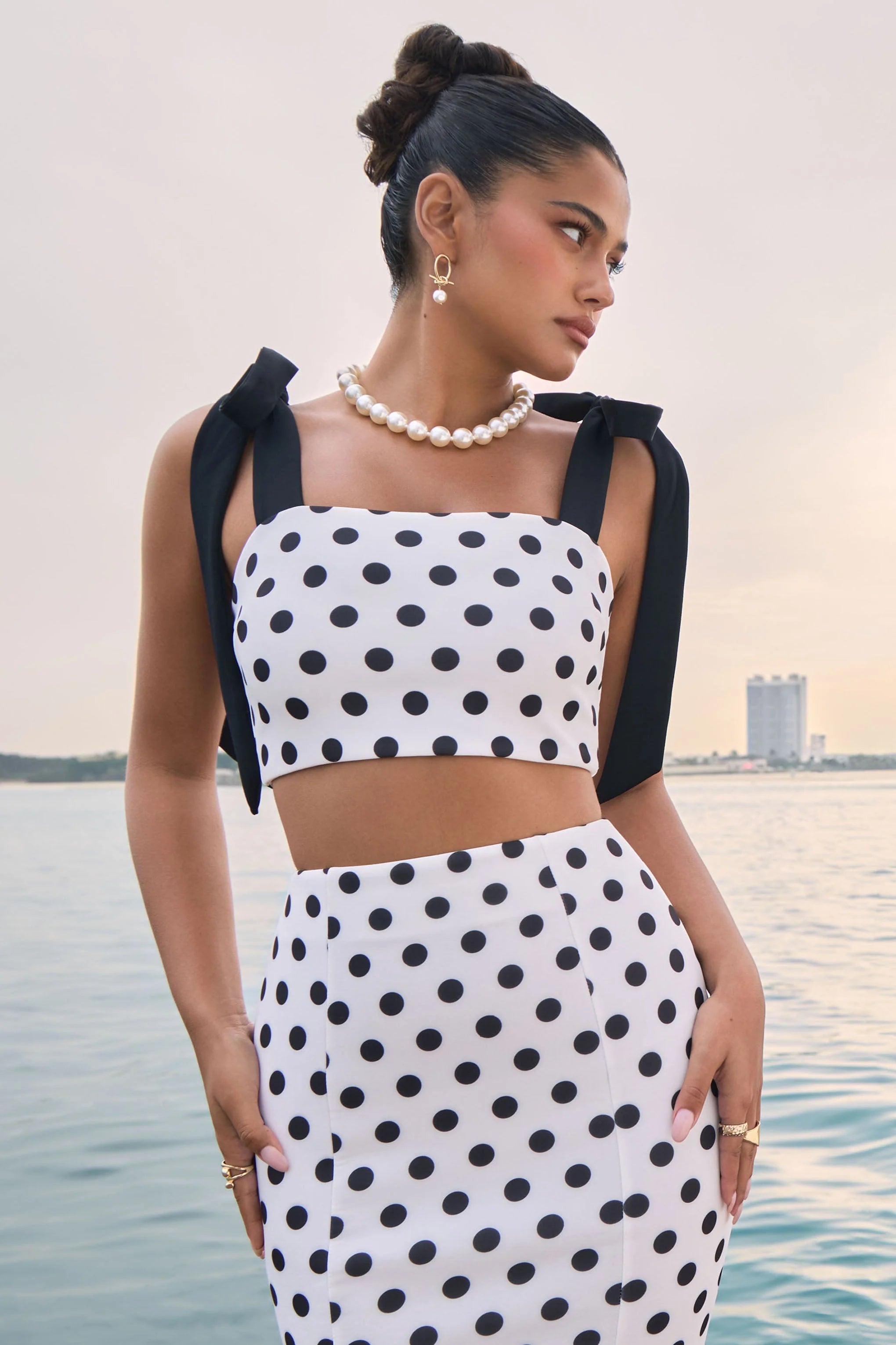 Phoebe Black White Polka Dot Crop Top With Tie Straps Tie