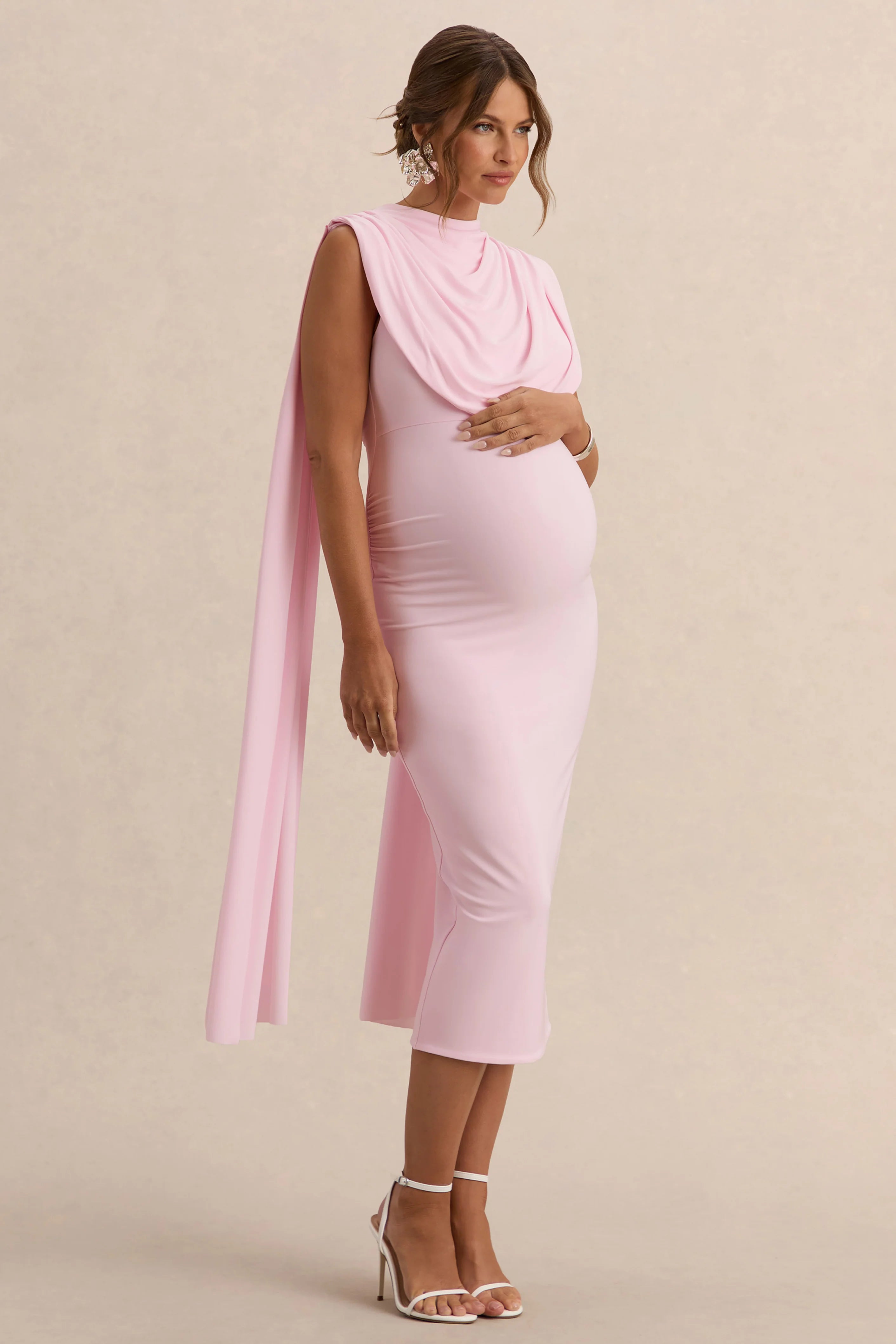 Milaine Light Pink Round Neck Maternity Midi Dress With Cape Sleeves
