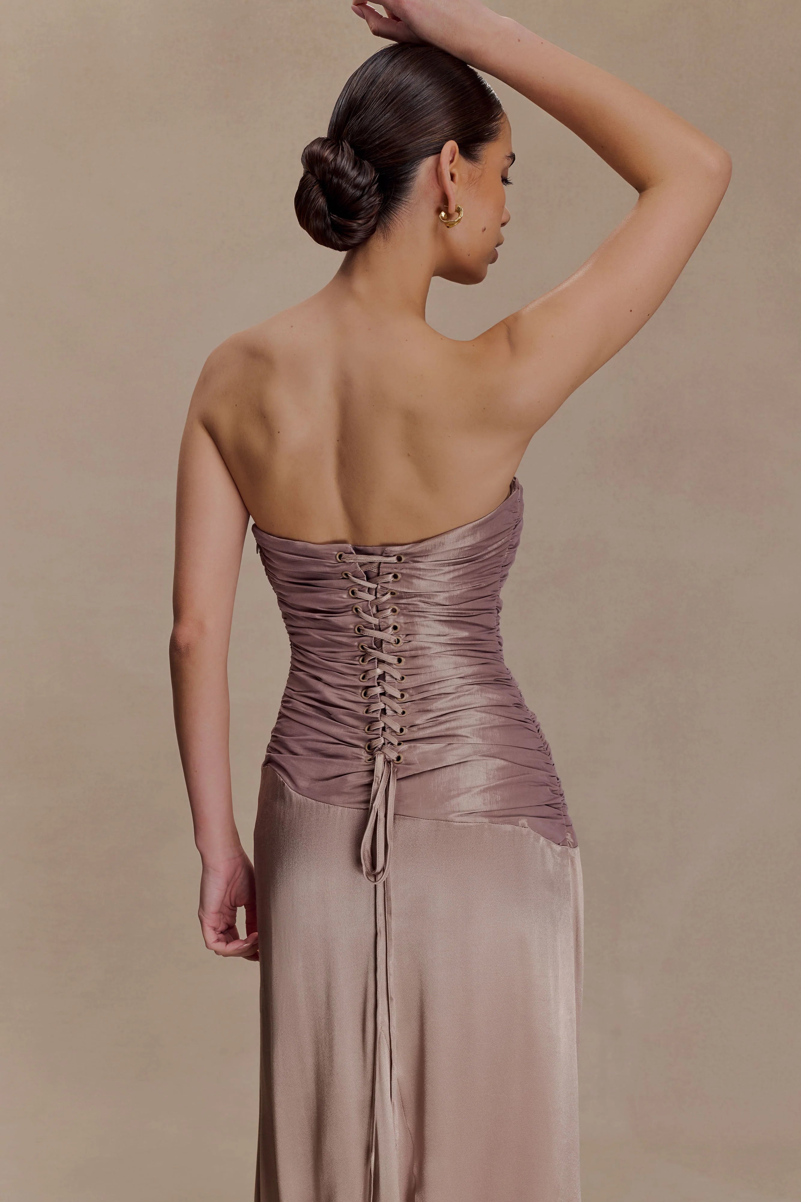Serena Strapless Taffeta Maxi Dress Bronze Taupe