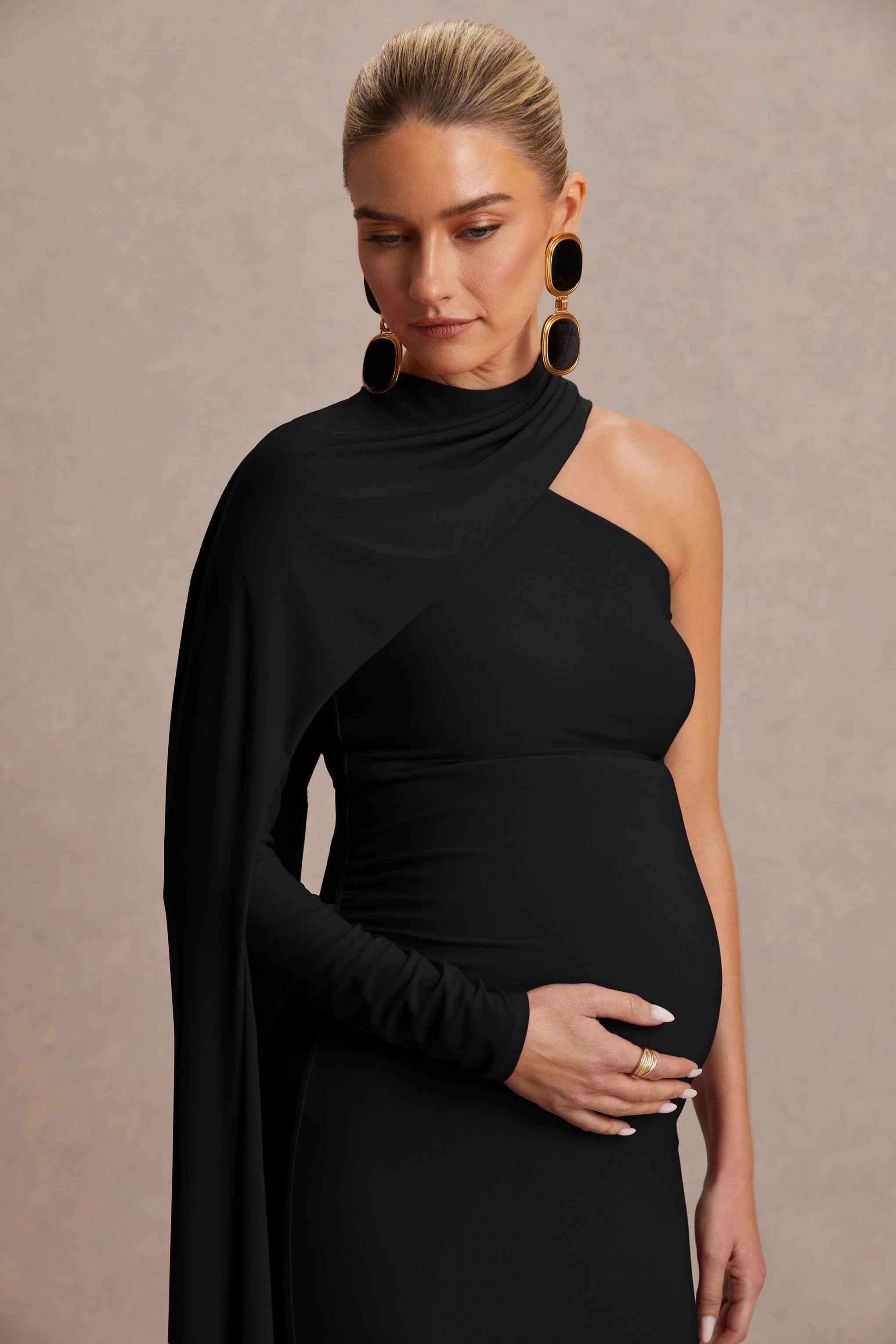Tessy Black Asymmetric Neck Maternity Maxi Dress With Cape Sleeve