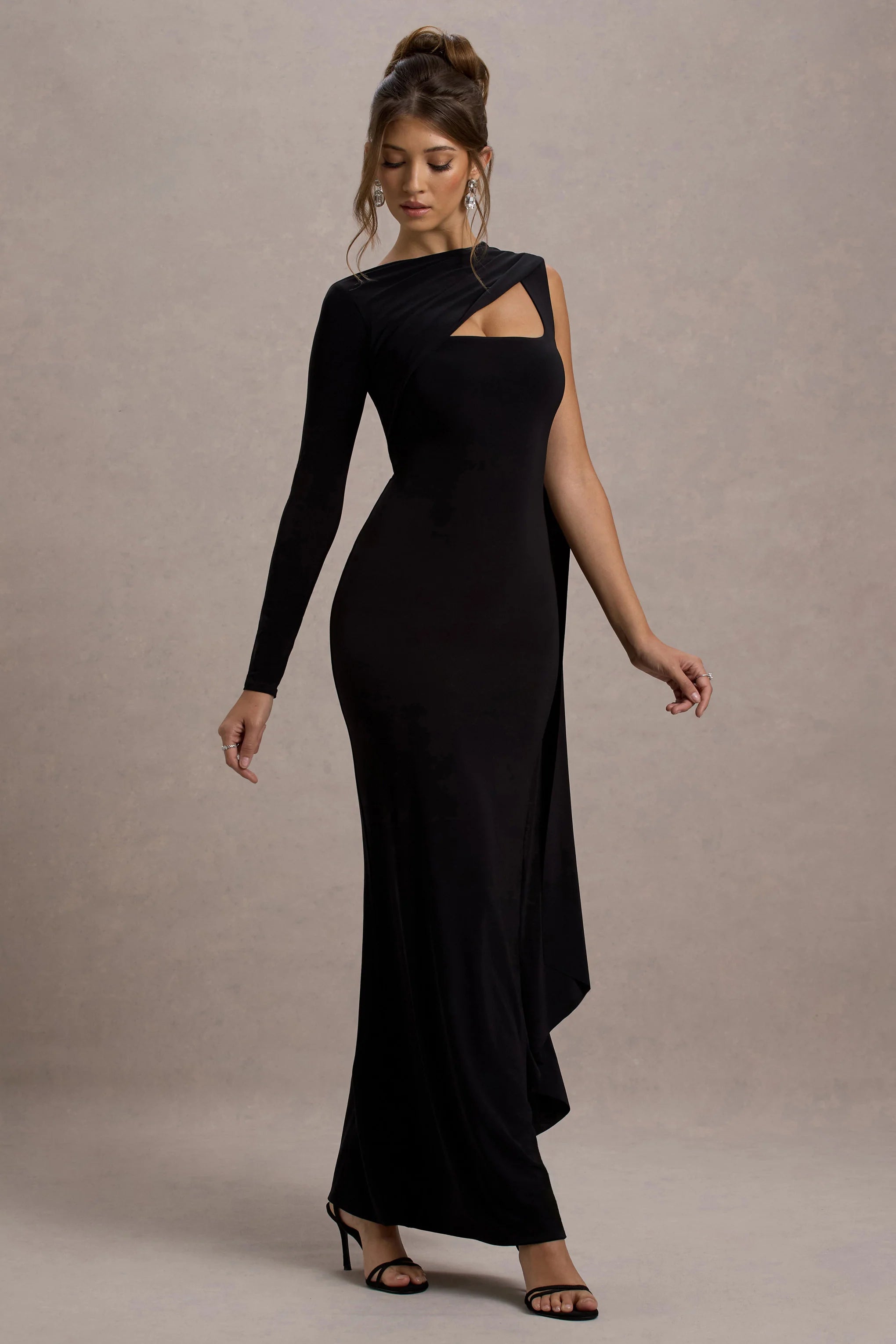 Ashini Black One Sleeve Maxi Dress With Cape