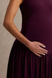 Outline Plum Crew Neck Maternity Maxi Dress With Pleated Skirt