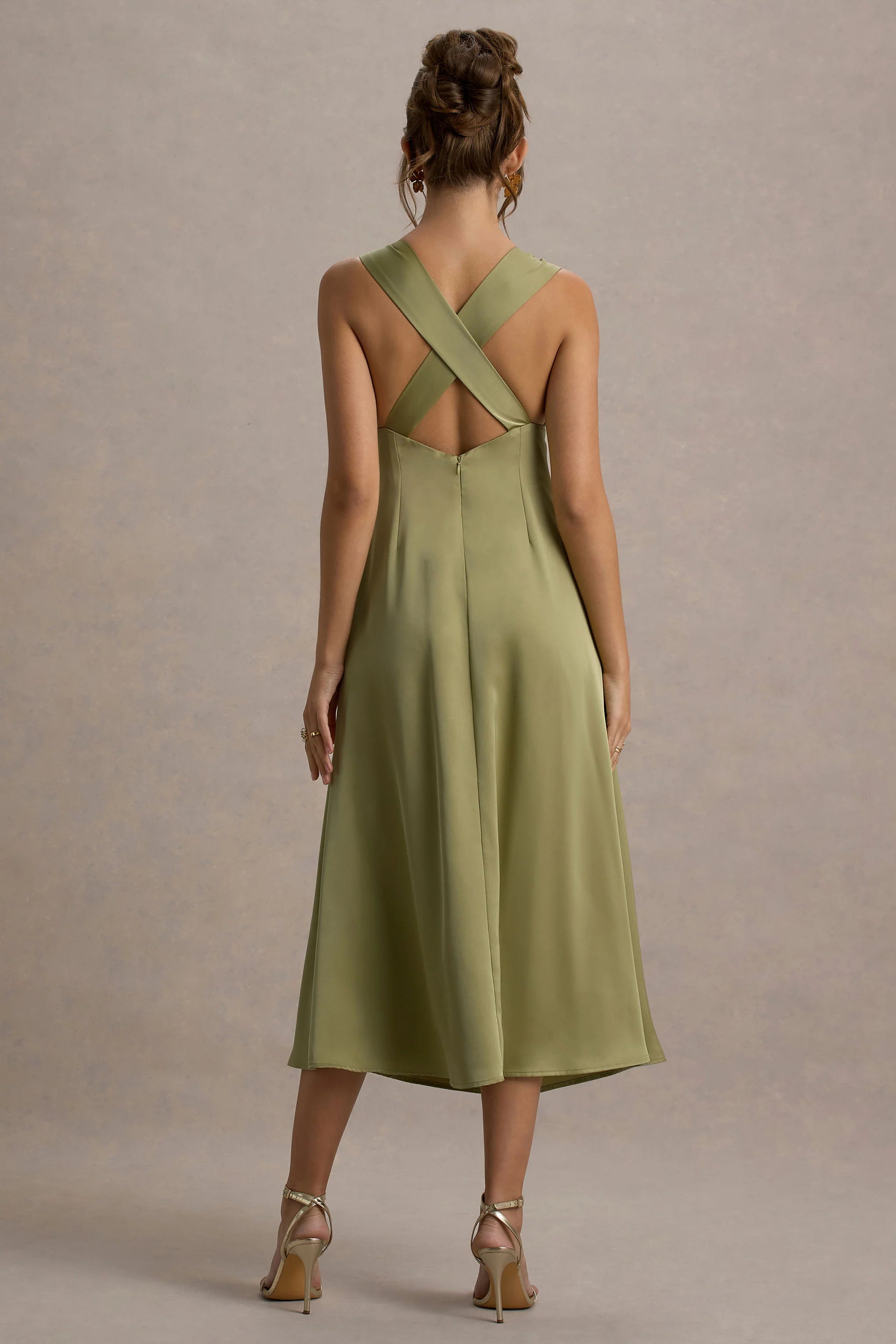 Beck Light Green Satin Plunge Neck Cross Back Midi Dress