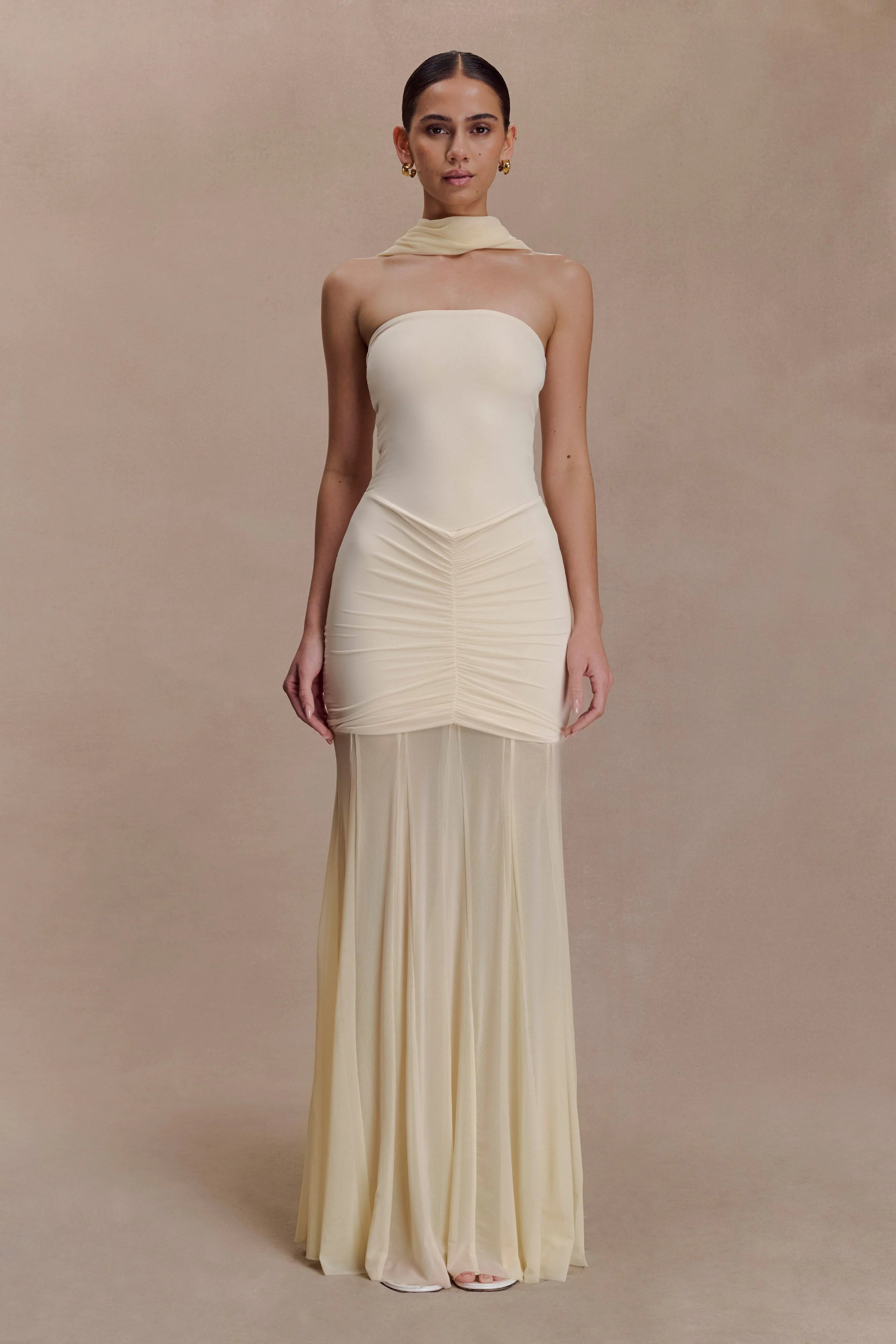 Caspian Slinky And Mesh Off Shoulder Maxi Dress Ivory