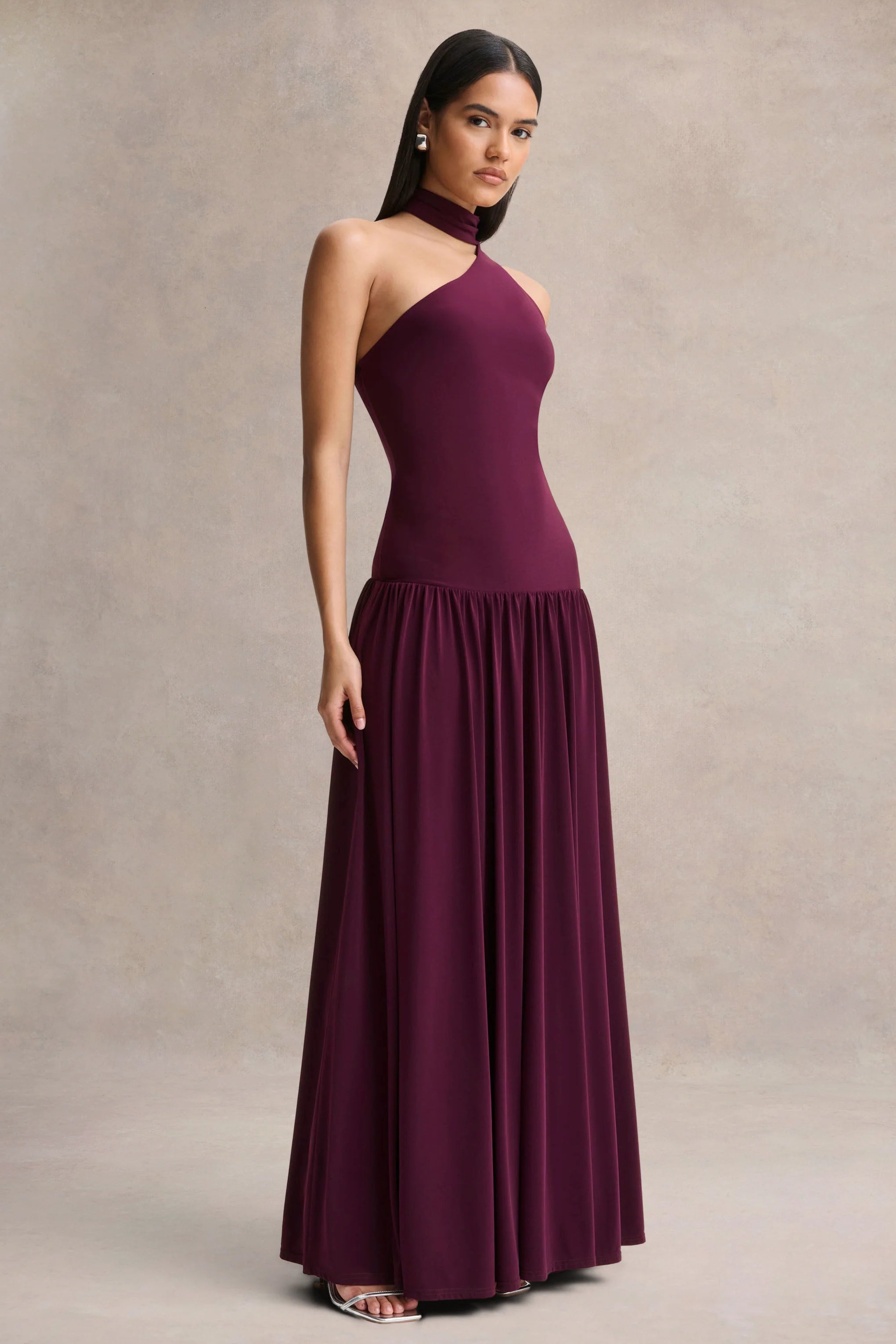 Freesia Plum Asymmetric Neck Maxi Dress With Scarf Detail