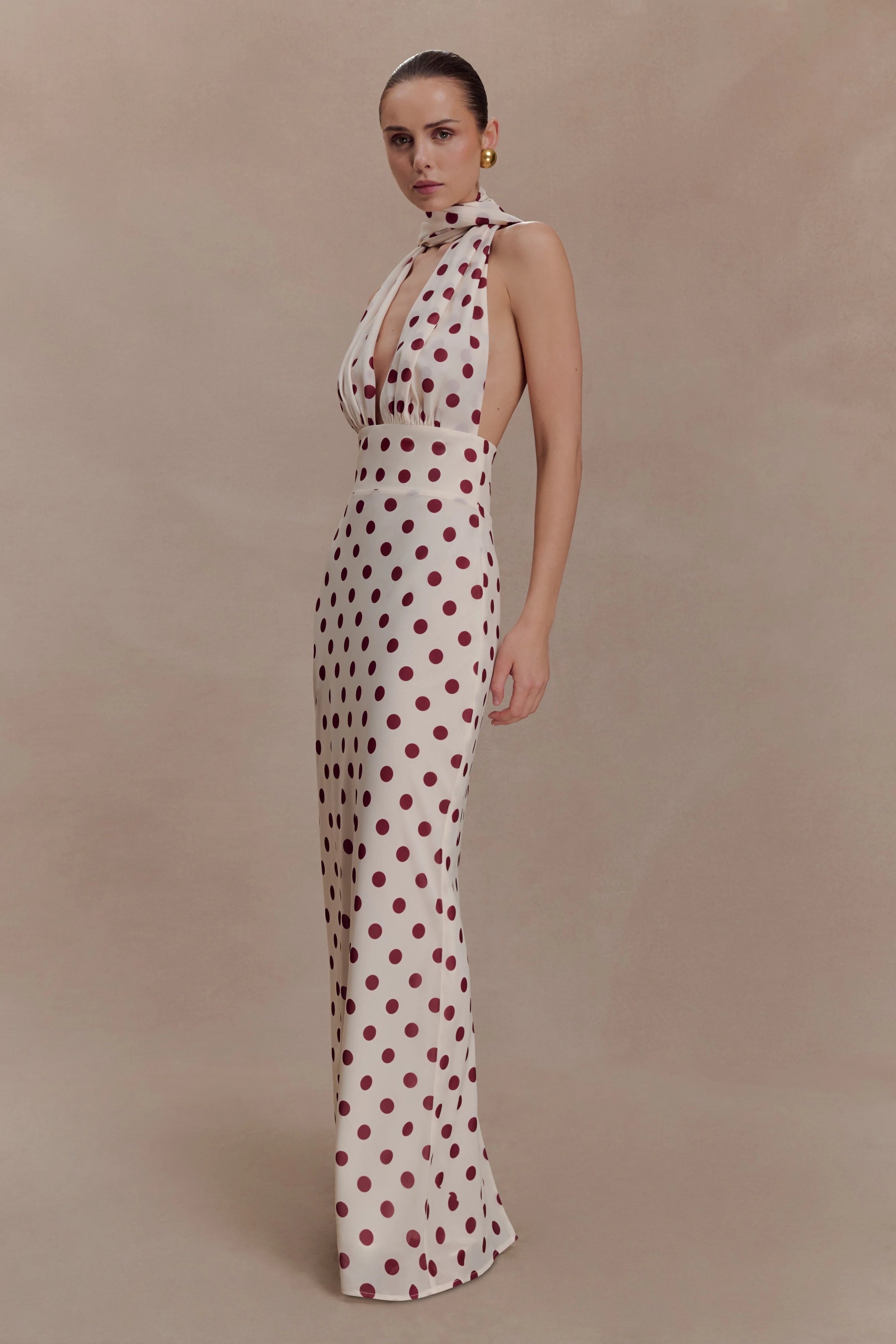 Nadine Halter Chiffon Maxi Dress Ivory Merlot Polka Dot
