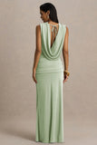 Serafina Light Green Extreme Plunge Neck Maxi Dress With Wrap And Ruched Details