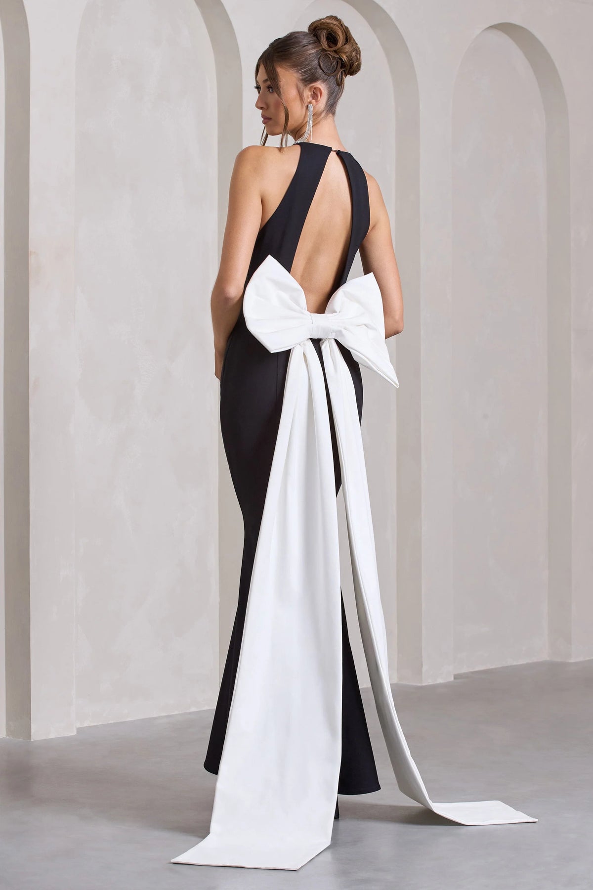 Bestow Black Open Back Maxi Dress With Oversized White Bow