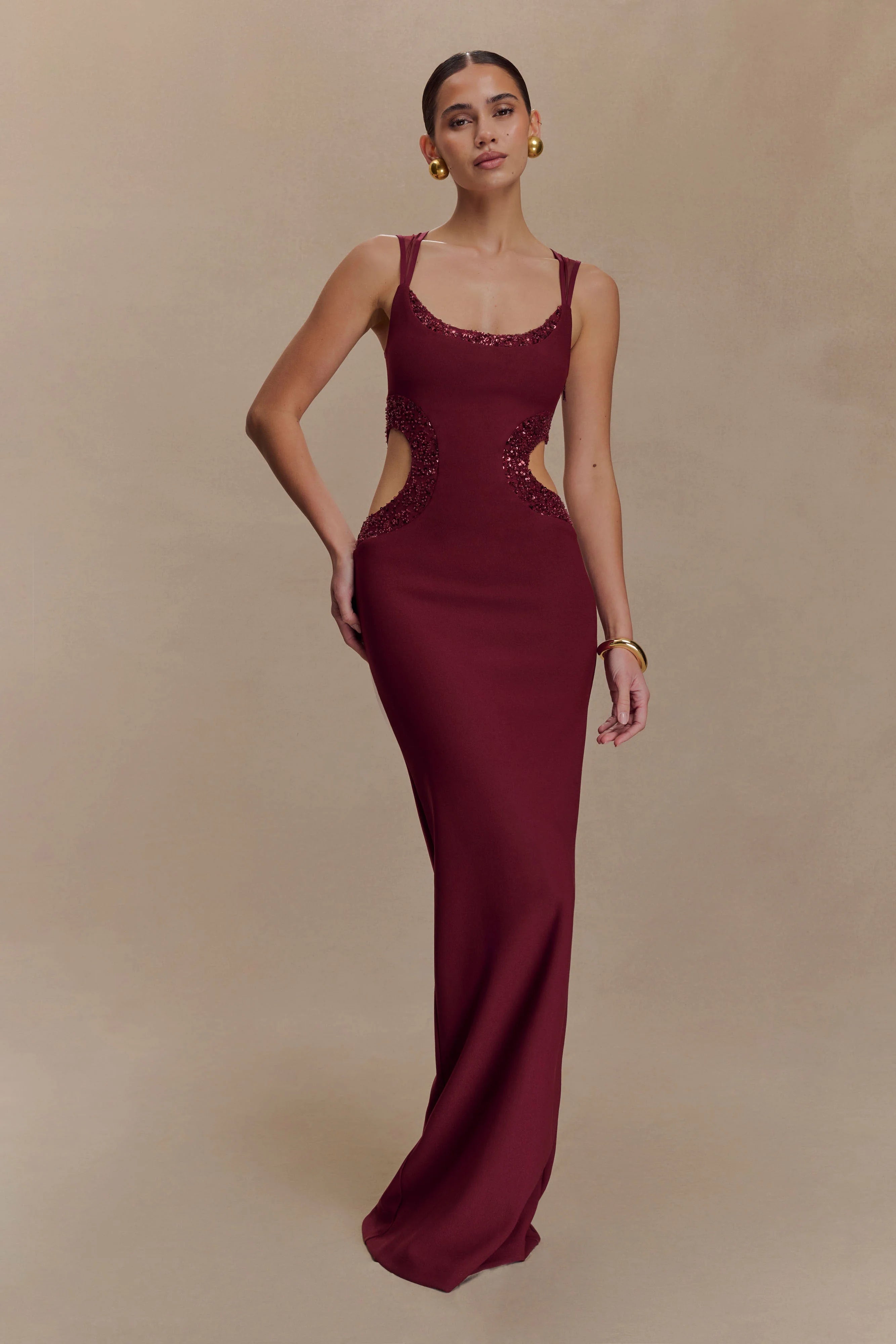 Angelique Beaded Crepe Maxi Dress Wine