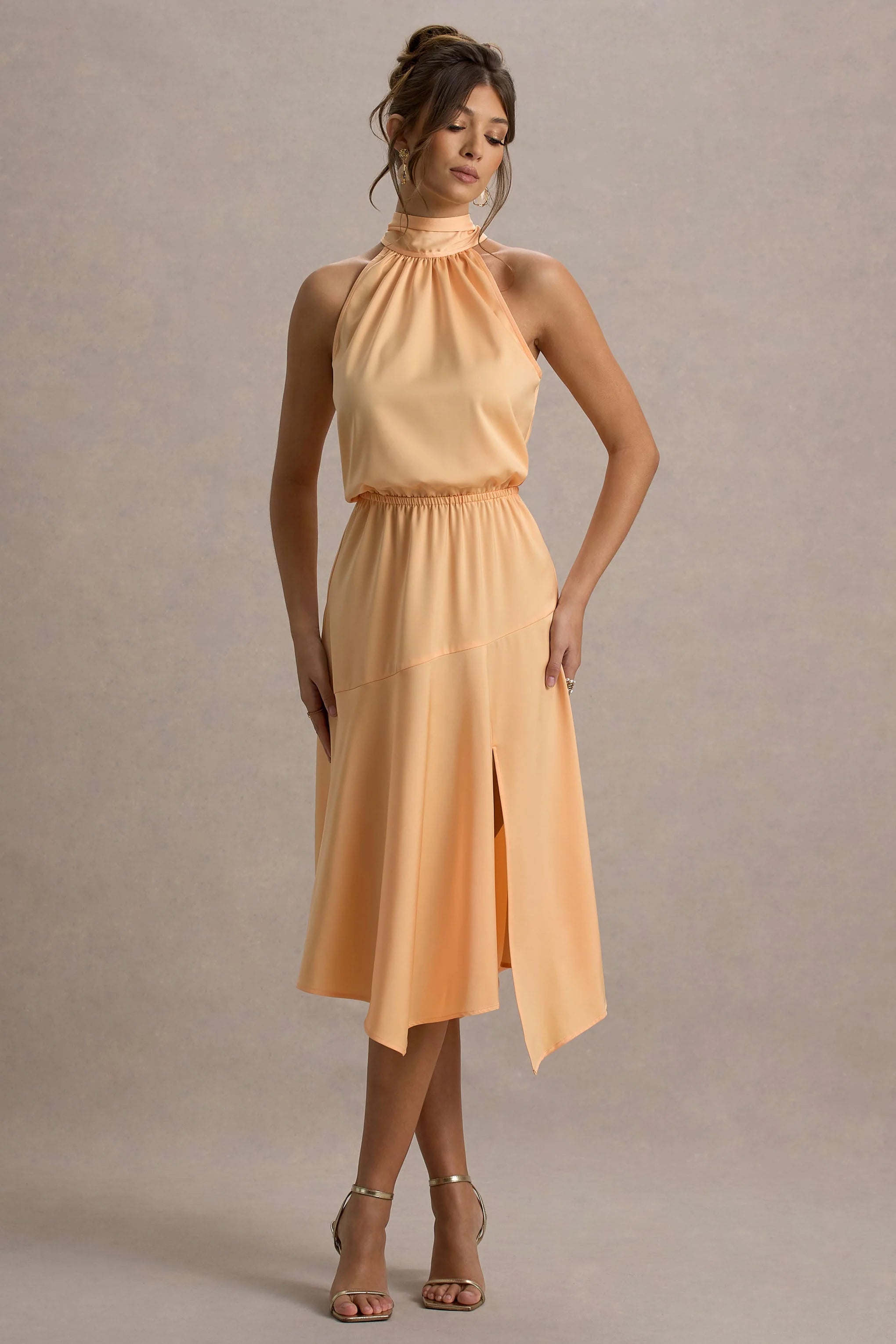 Palonia Peach Satin High Neck Split Midi Dress