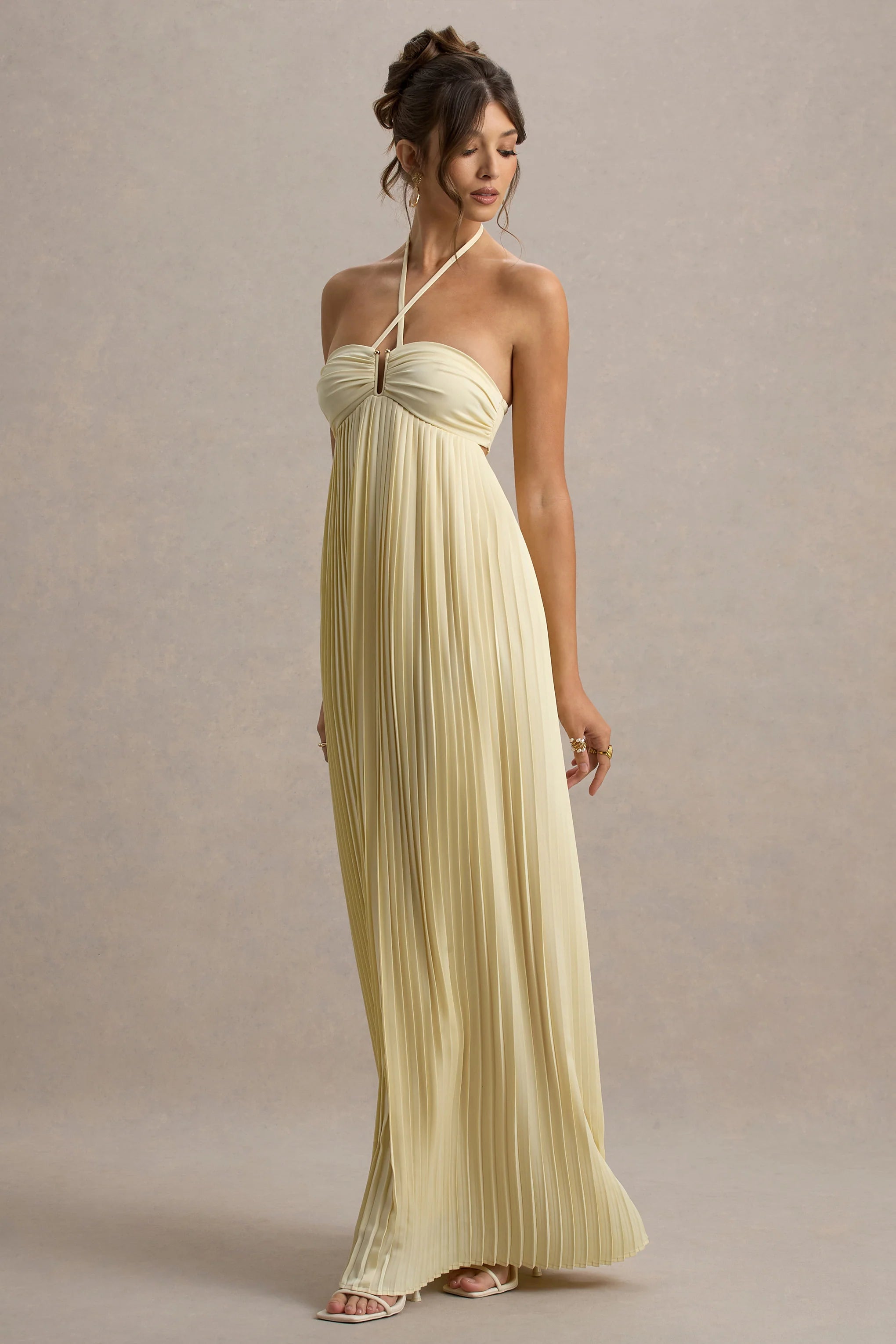 Elayne Pale Lemon Halter Neck Maxi Dress With Cut Out Detail