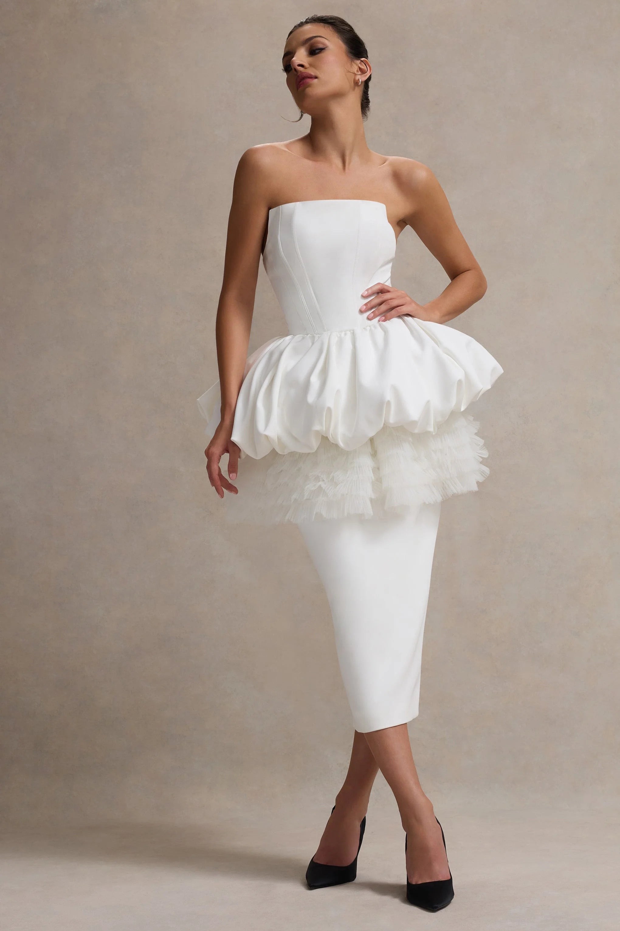 Jones White Strapless Midi Dress With Tulle Peplum Waist