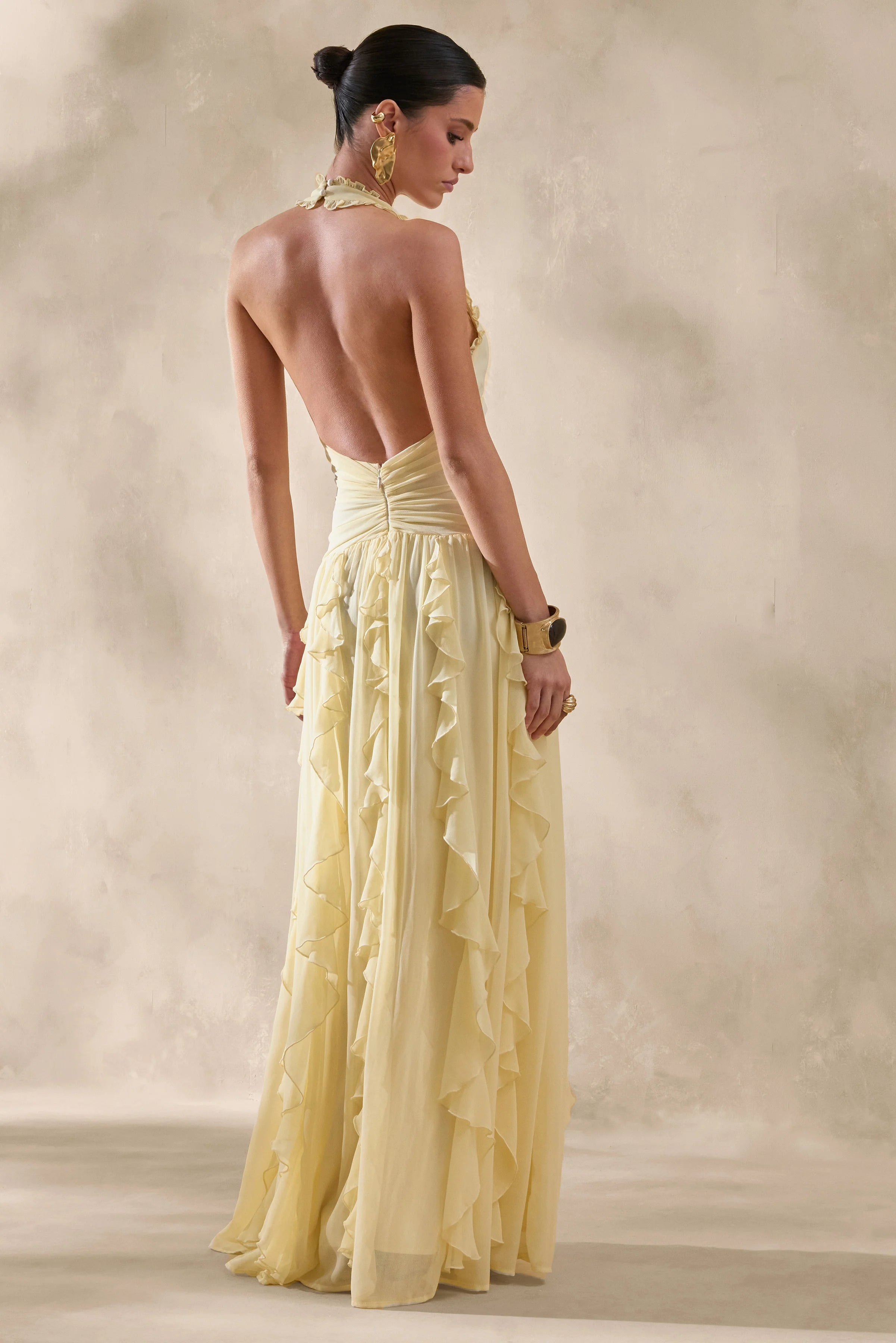 Bea Lemon Plunge Neck Ruffled Maxi Dress